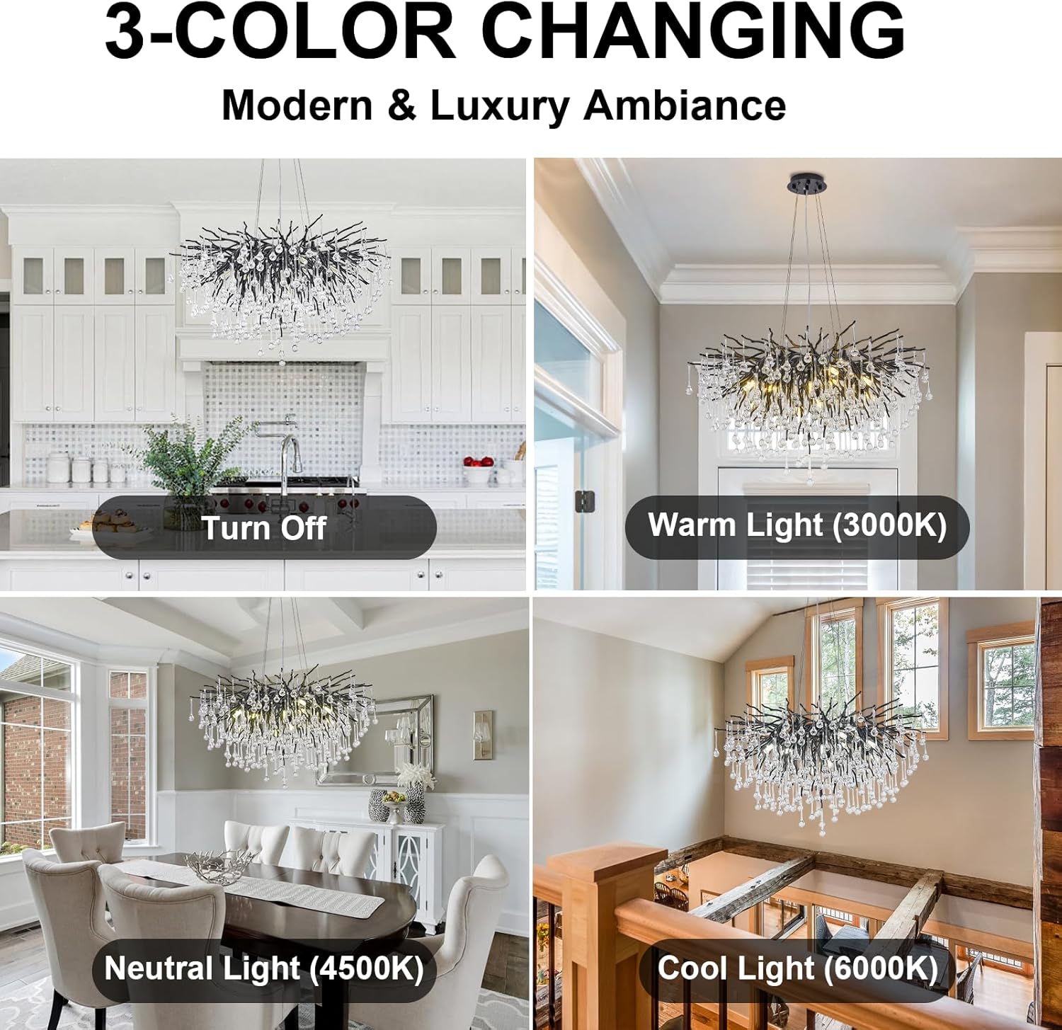 Chandeliers for Dining Room - 23.6" Modern Black Crystal Chandelier, Round Tree Branch Raindrop Chandelier, Foyer Chandeliers for Entryway, Living Room,Bedrooms,Bathroom(Bulb not Included)
