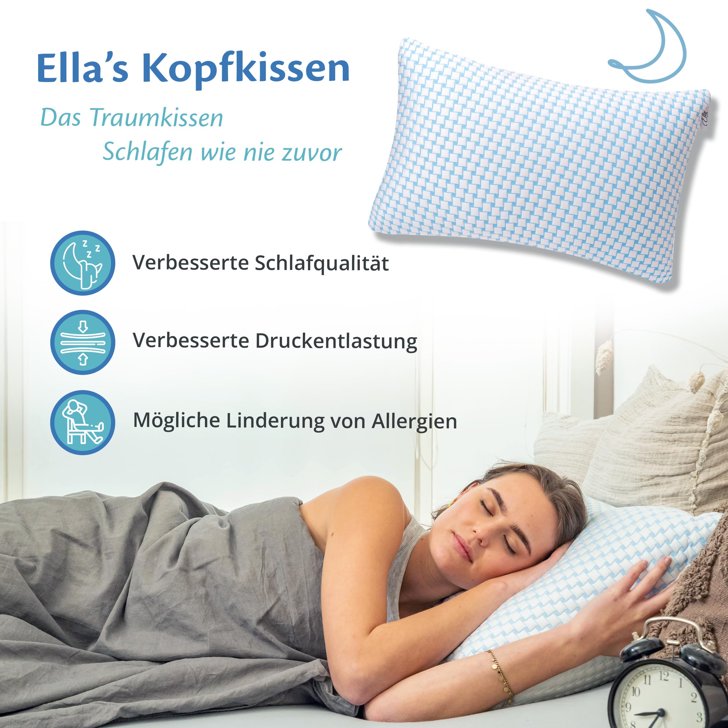 Ella Nackenstützkissen 40x80 – Ergonomisches Kopfkissen mit Verstellbarer Füllung – Orthopädisches Kissen für Nackenschmerzen - Seitenschläfer, Rückenschläfer, Bauchschläfer mit waschbarem Bezug