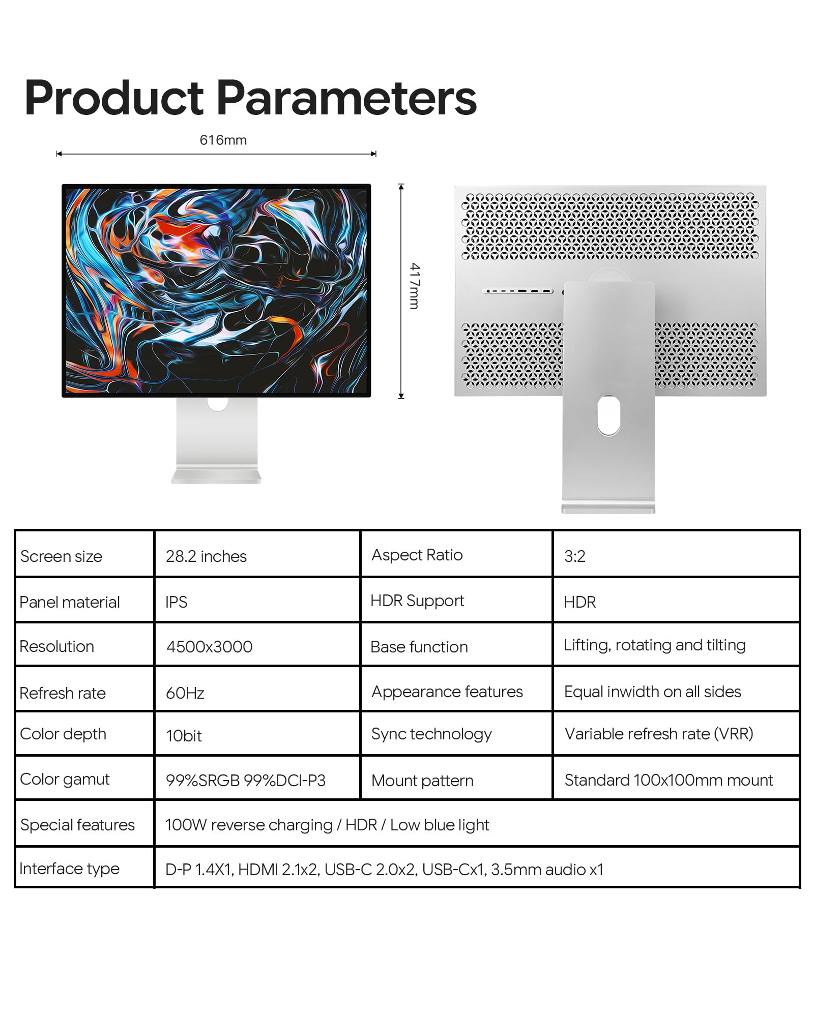 P20 Monitor 28.2 pulgadas 4.5K 4500x3000 formato 3:2, 60Hz, 10 bits 1.07B colores, USB-C 100W carga rápida, altavoces integrados, pantalla brillante ATW, soporte ajustable (Honeycomb - con soporte) — view 9