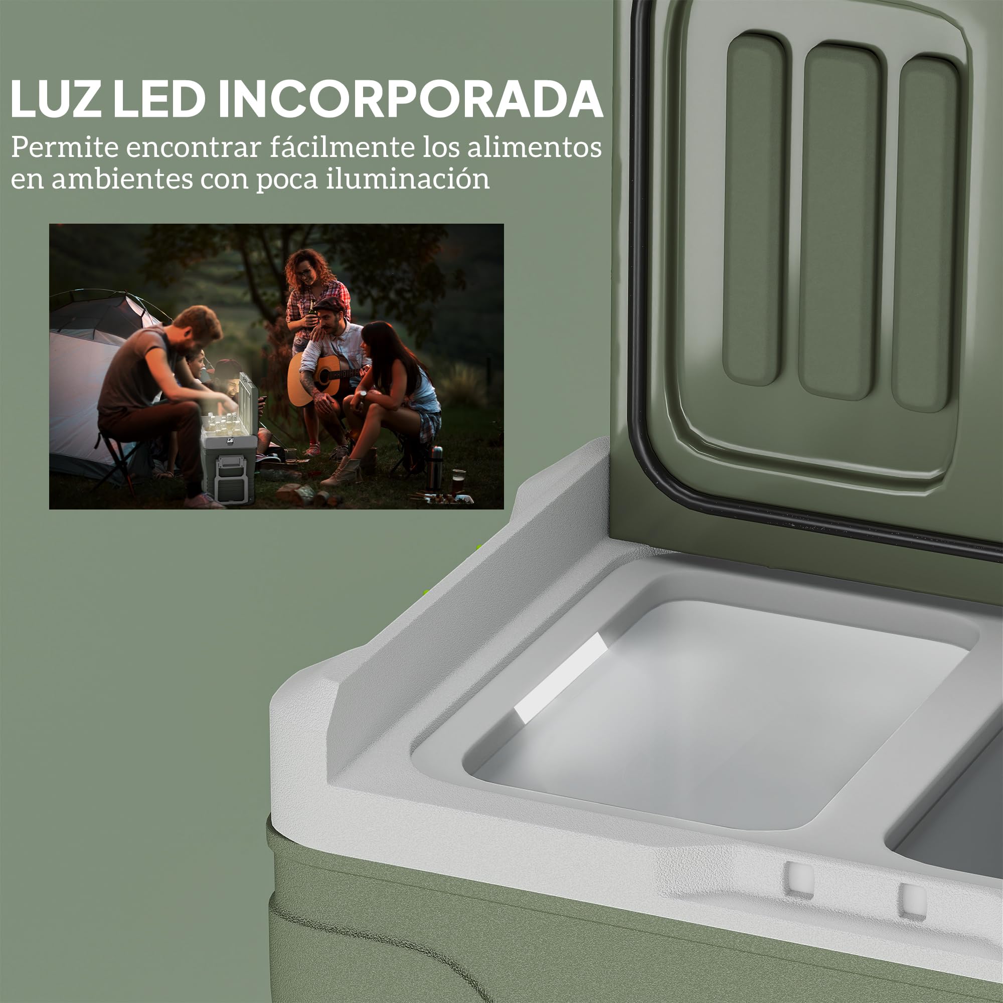 Outsunny Nevera Portátil Eléctrica 45L 12V/24V 64,5x43,5x53 cm Verde | Refrigerador de Coche, -20℃ a +20℃, Mini Frigorífico, con Ruedas, Compresor, Pantalla LED Táctil, para Camping Viajes