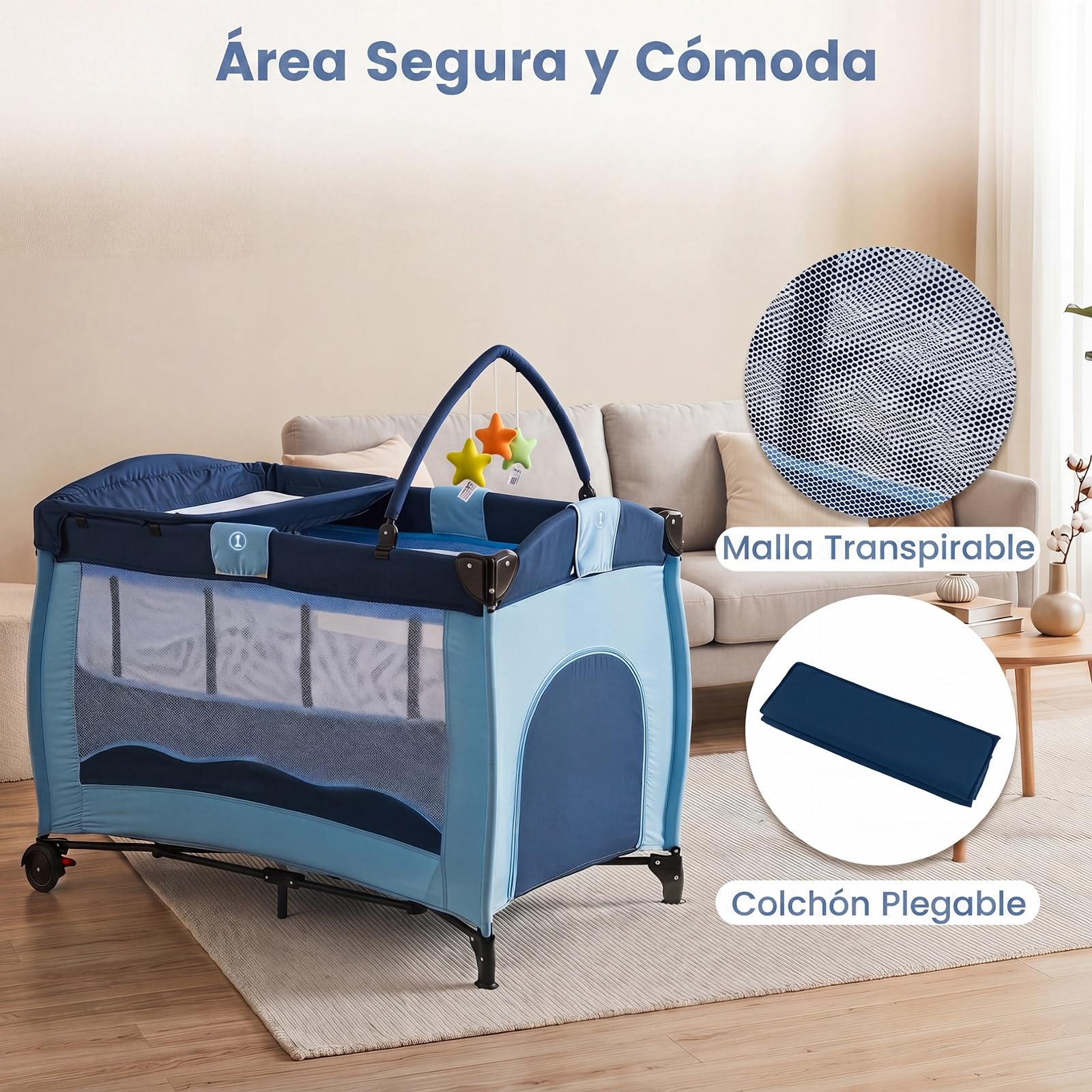 COSTWAY 4 en 1 Cuna de Viaje para Bebé con Cambiador y Colchón (Azul)