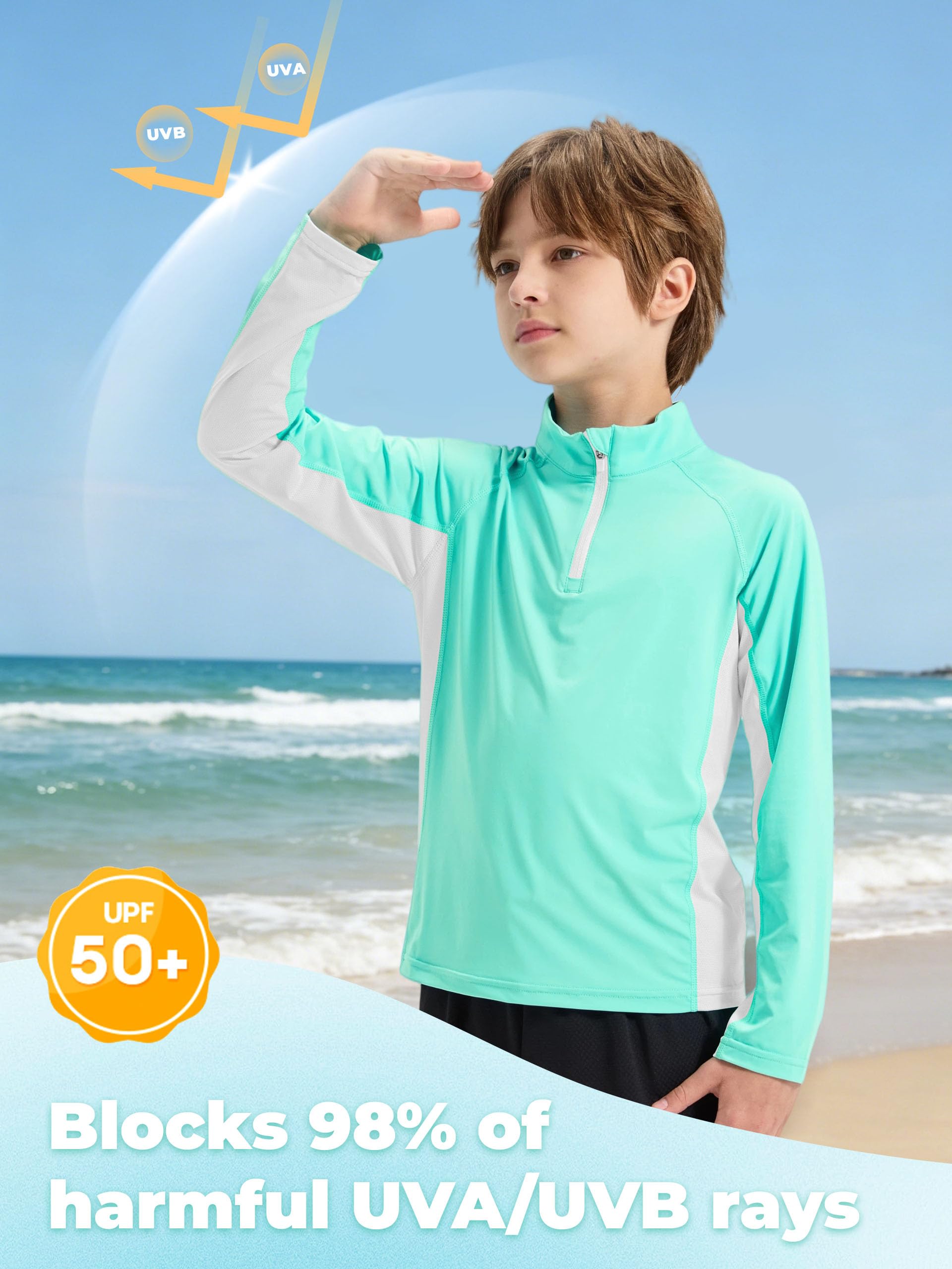 Rolanko Camiseta de Baño de Manga Larga con Protección UV para Niños, Cremallera de 1/4 Rashguard para Adolescentes