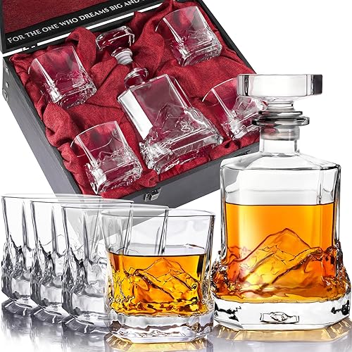 Juego único de decantadores de whisky Everest para hombres con 4 vasos en caja de regalo de madera, tema de expedición de montaña, decantador de