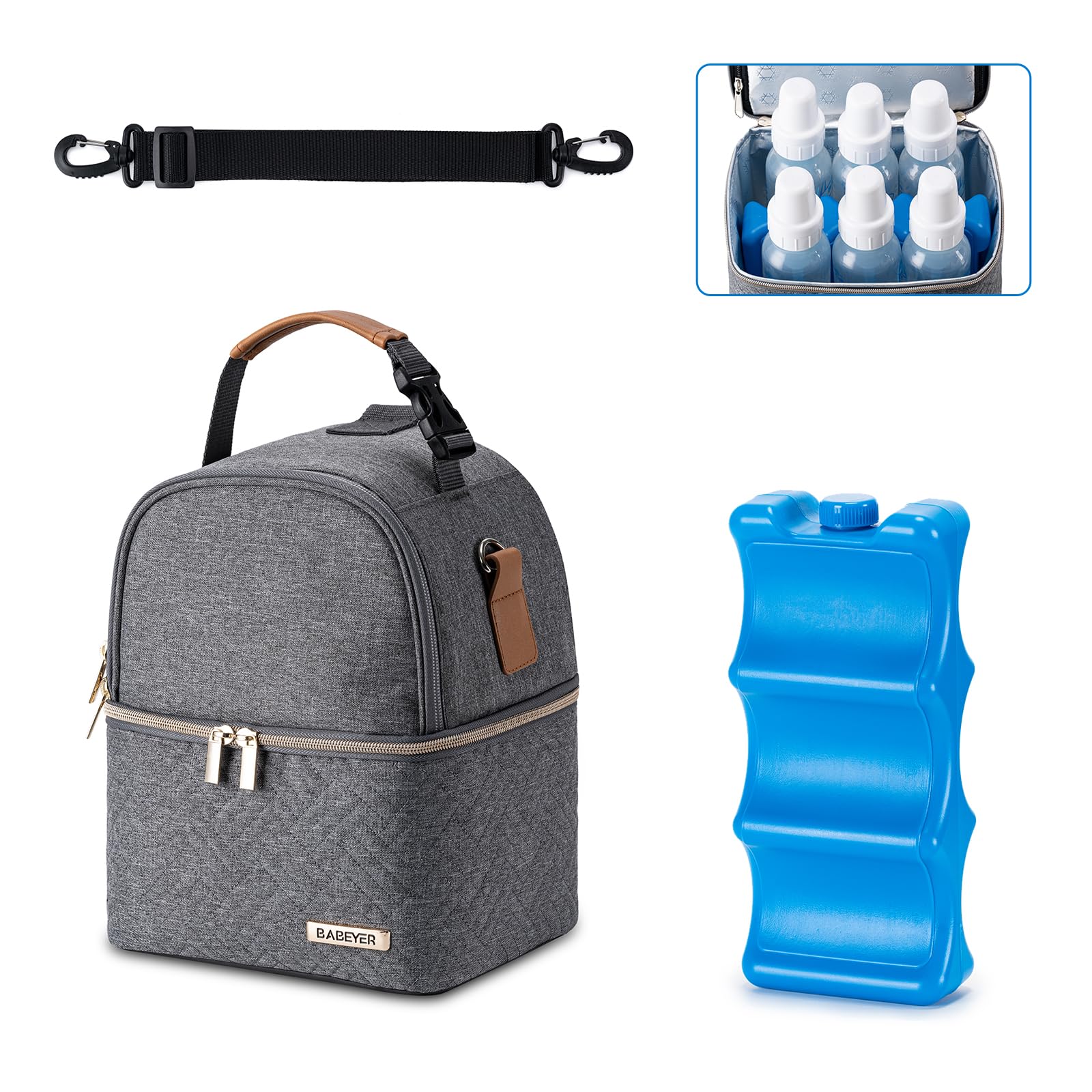 BABEYER Breastmilk Cooler Bag with Ice Pack Fits 6 Baby Bottles up to 9 Ounce, Breast Milk Pump Cooler Bag with Shoulder Strap for Nursing Mom Daycare