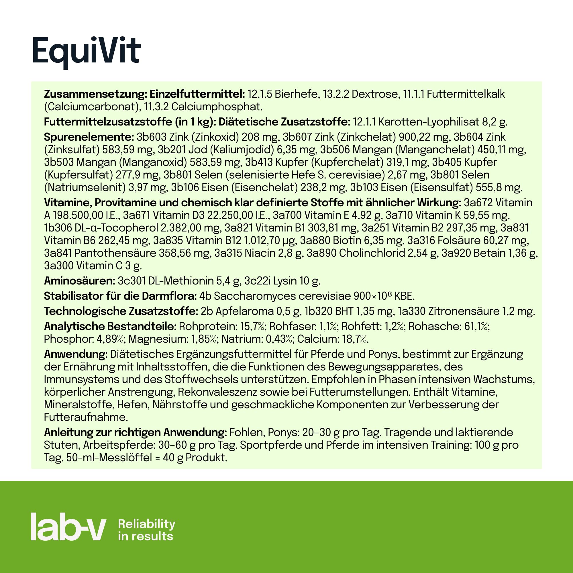 Lab-v EquiVit 2 kg – Complemento alimenticio dietético para caballos – Complejo de vitaminas y minerales para complementar la alimentación diaria
