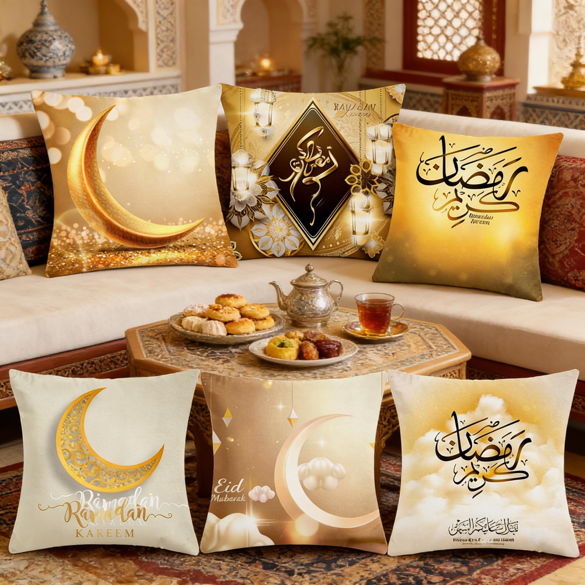 Yoawllty Ramadan Decorations for Home Ramadan Pillow Covers Eid Cushion Cover Moon Lantern Patterns Pillow Case for Sofa Bed Couch 6 Pcs