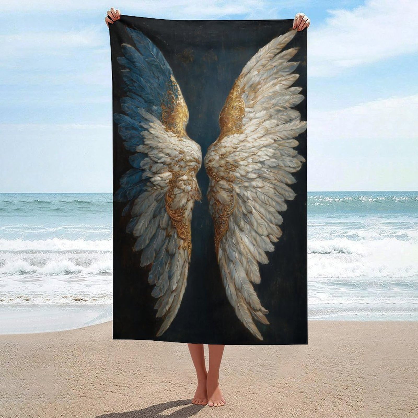 asbwuo Pair of Majestic White Wings with Gold Accents Beach Towel