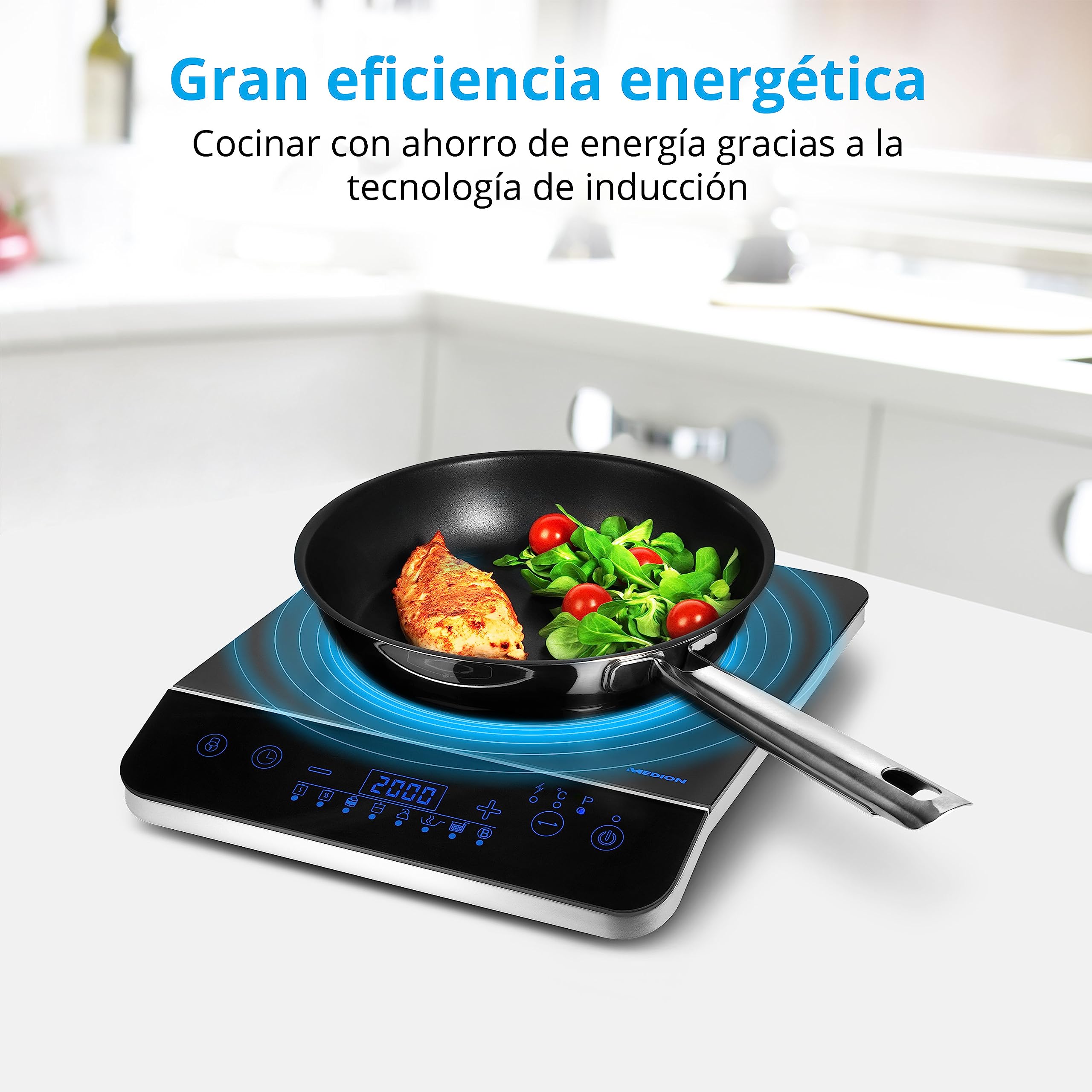 Placa de inducción MEDION / 2000 W/rango de temperatura 60-240°C / 8 programas automáticos / 10 niveles de potencia/pantalla LED/MD 17595 / negro