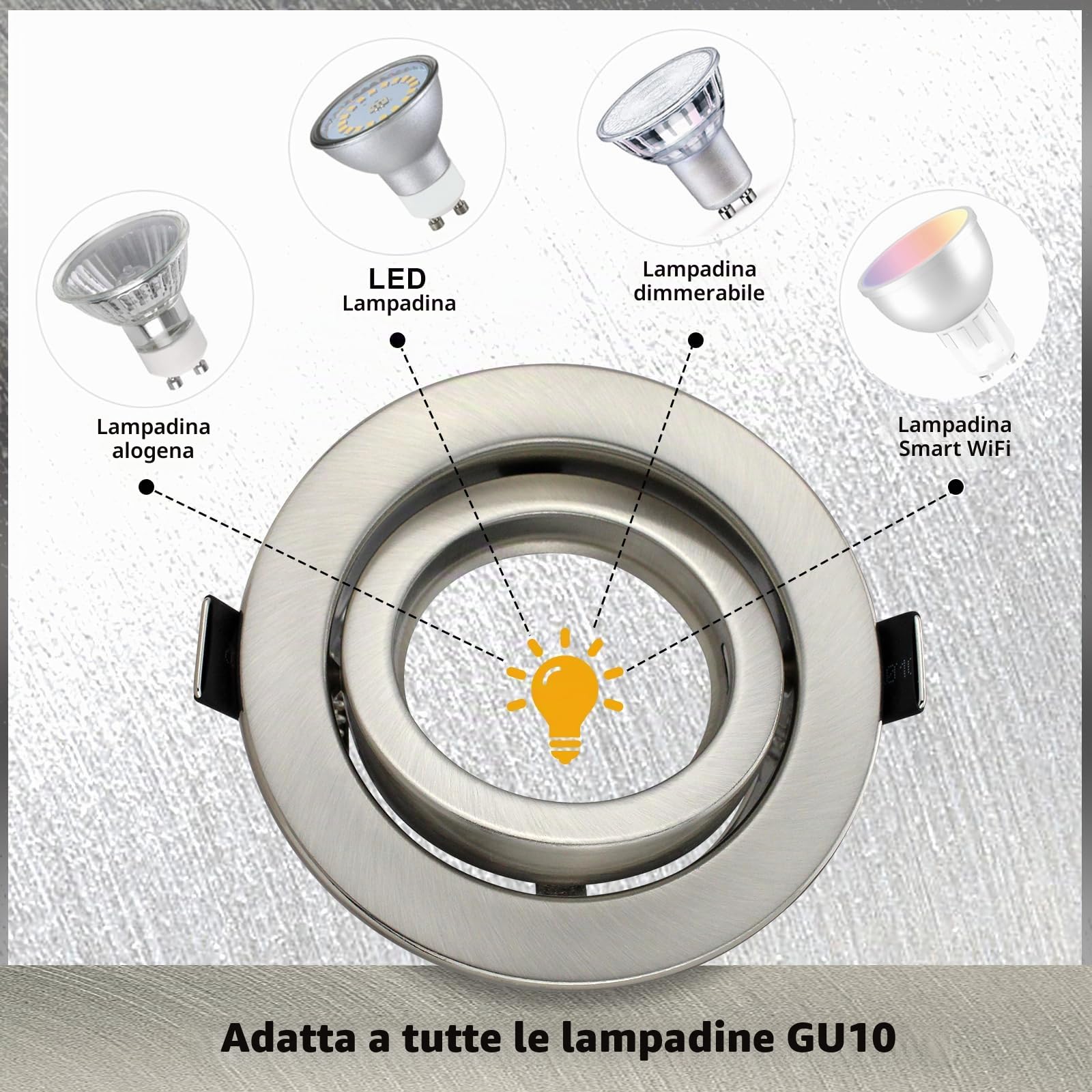 20x Cornice Faretto Incasso Cartongesso GU10, Faretti da Incasso Diametro 98mm Nichel Spazzolato, Inclusa presa GU10 per Lampade LED o alogene, Orientabili a 30°, Forma rotonda