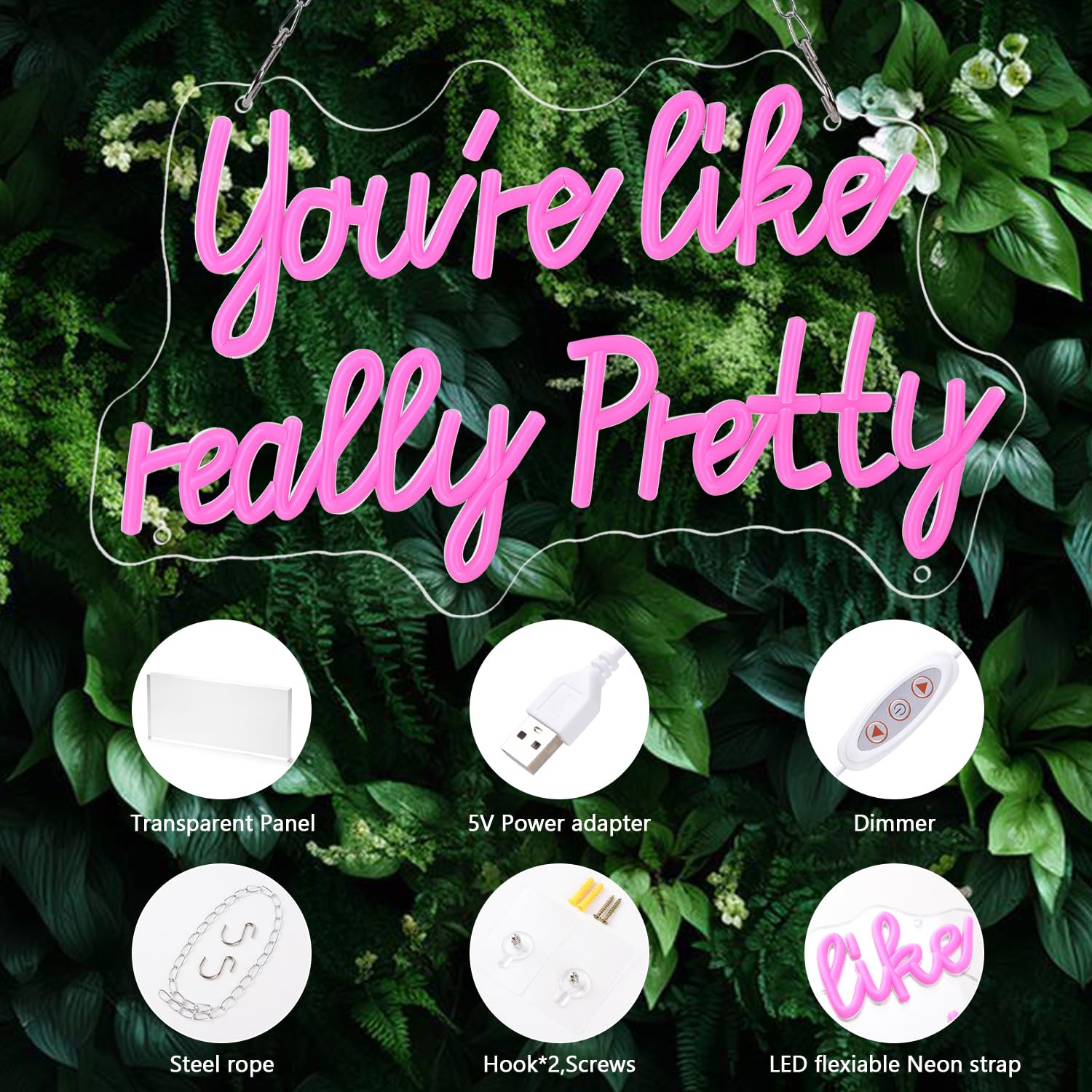 Neonowy znak LED "You are Like Really Pretty Neon", 38 x 22,9 cm, różowy neon z zasilaniem przez USB, dekoracja pokoju, dekoracja pokoju dziewczynki, dekoracja domu, na imprezę