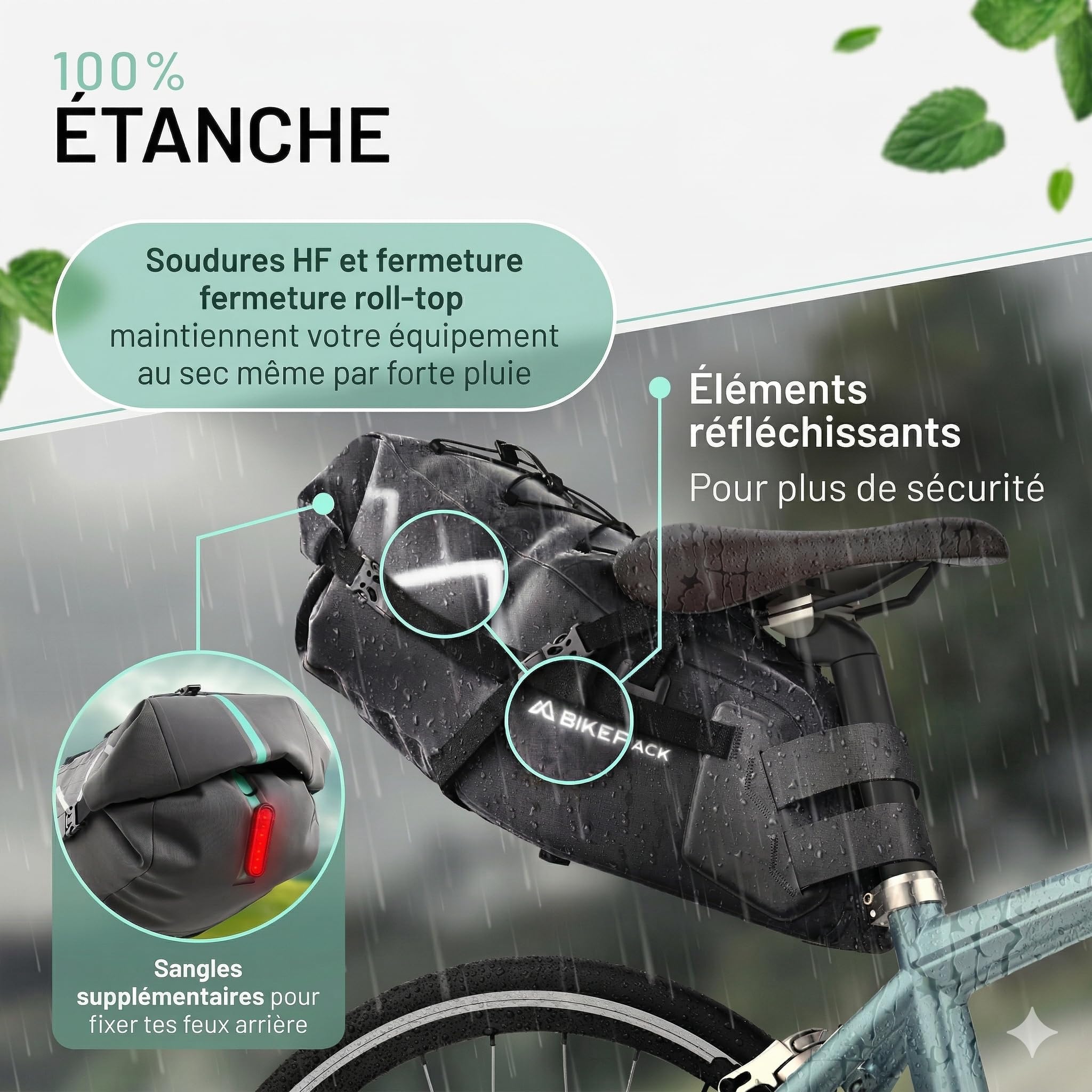 BIKEPACK Sacoche de Selle Vélo 15L Étanche - Bikepacking Gravel Route VTT | Sacoche vélo sans porte-bagages: rolltop 100% étanche, fixation sans outil, sacoche bikepacking pour gravel, route et VTT