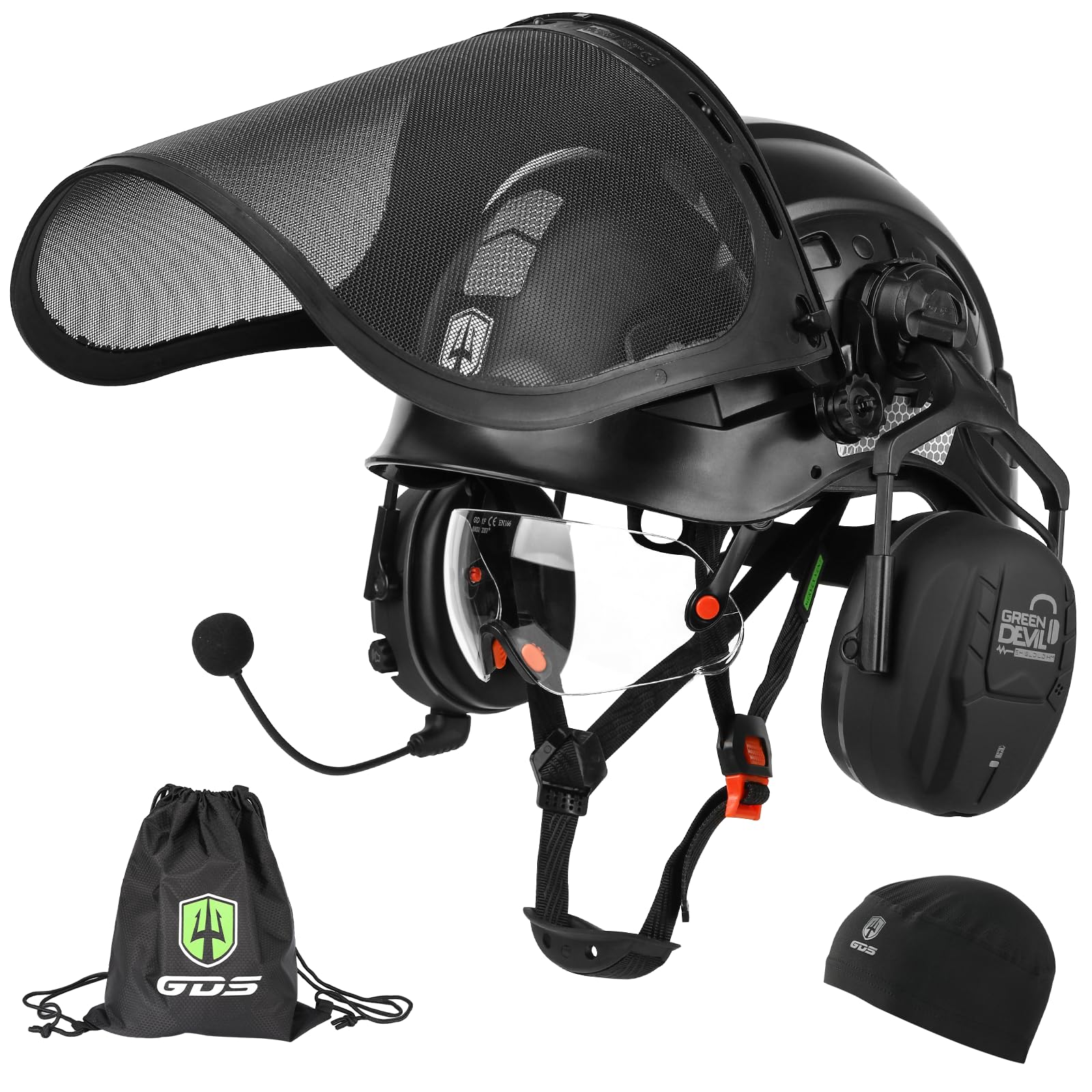 GREEN DEVIL Forestry Chainsaw Safety Helmet with Bluetooth Ear Muffs Arborist Helmet Hard Hat with Built-in Visor Face Shield 5 in 1 System Logging