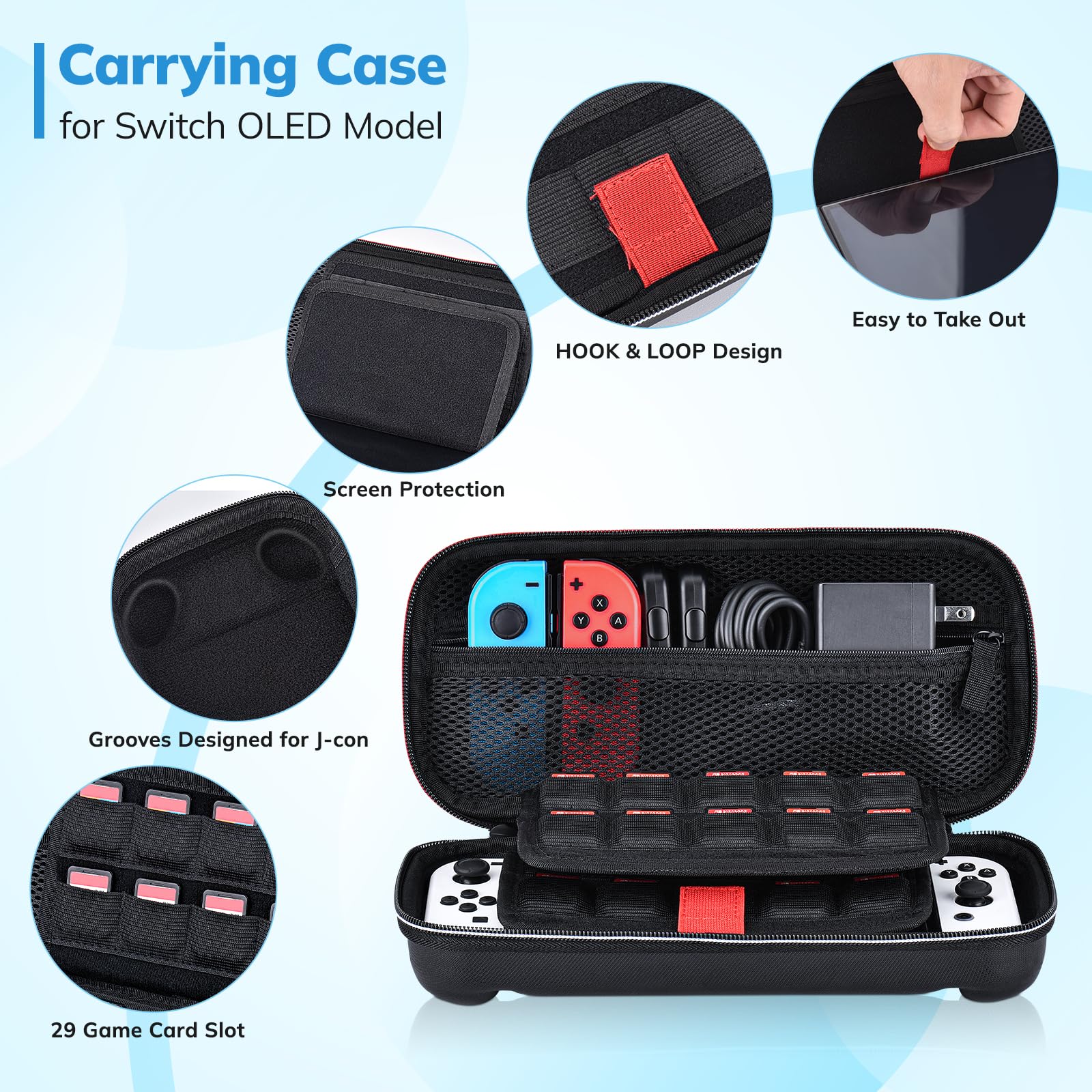 Younik Kit de Accesorios para Switch OLED, 15 en 1 con Estuche para Switch, Soporte Ajustable, 2 Protectores de Pantalla, 2 agarres y 2 Fundas Protectoras de TPU para los J-con