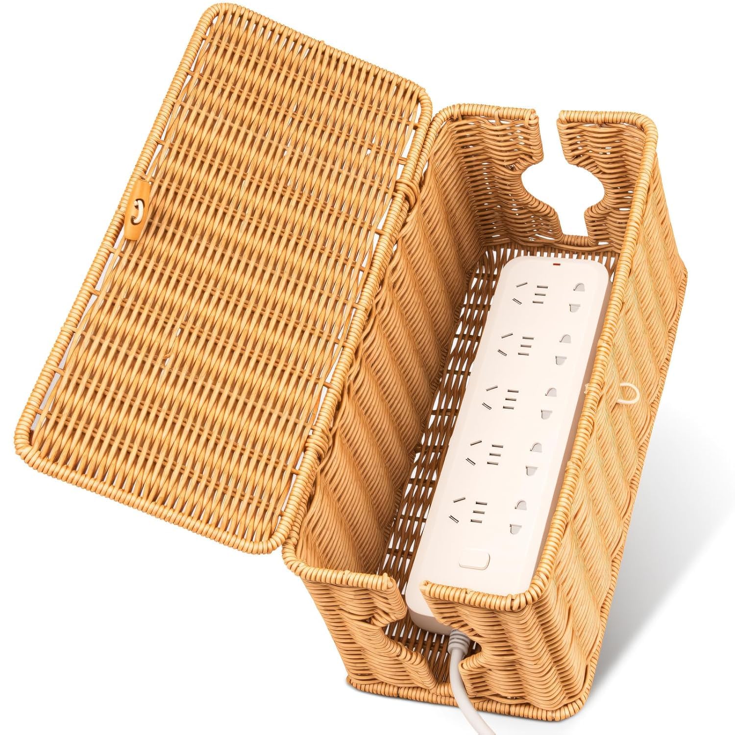 Wicker Cable Management Box with Lid – Handwoven Rattan Power Strip Organizer Basket for Extension Board, Cord Storage Holder for Home Office Desk, Living Room & Tabletop Wire Hider.