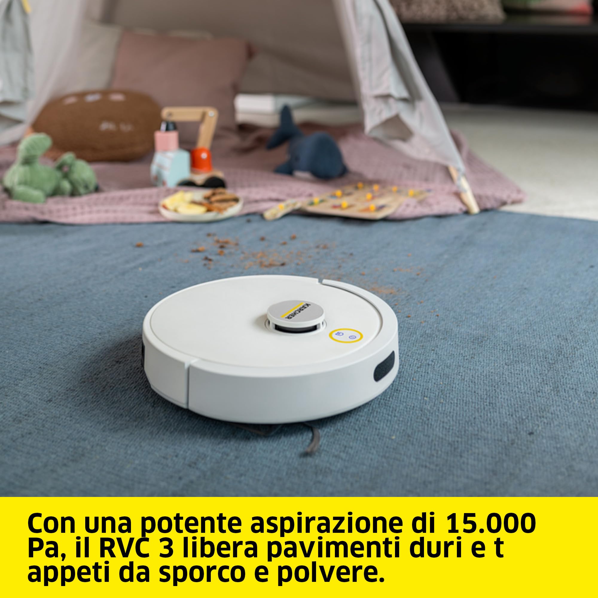 KÄRCHER robot aspirapolvere e lavapavimenti RVC 3, 15.000 Pa, fino a 130 min di autonomia, controllo tramite app, mappatura, navigazione laser, sensori anti-caduta, ricarica automatica