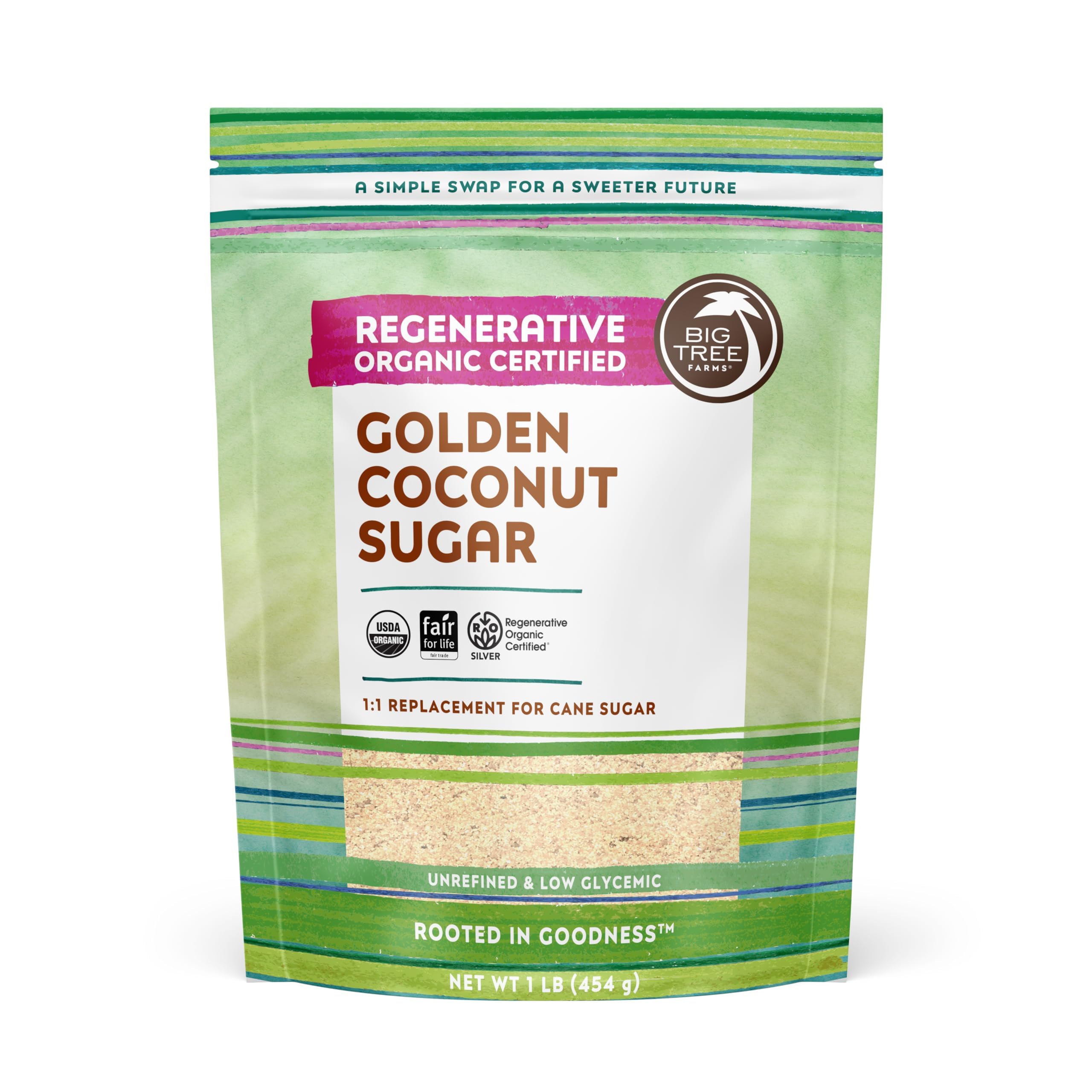 Big Tree FarmsOrganic Golden Coconut Sugar - Coconut Palm Sugar, Unrefined, Fine Crystals, Cane Sugar Replacement, Coconut Blossom Nectar, Vegan, Perfect for Baking - 1 Pound (Pack of 1)USDA OrganicRegenerative Organic CertifiedFair for LifeRegenerative Organic CertifiedRegenerative Organic CertifiedFair for LifeRegenerative Organic Certified