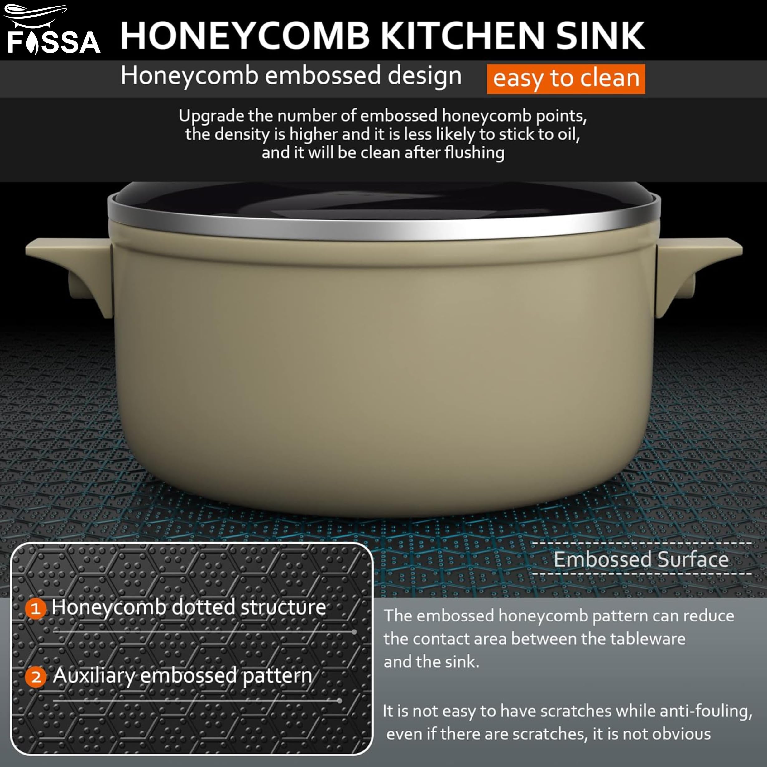 Fossa 24"x18"x10" Single Bowl Honeycomb Embossed Handmade Kitchen Sink with Black Nano Coating, Stainless Steel Sink (Black) 2
