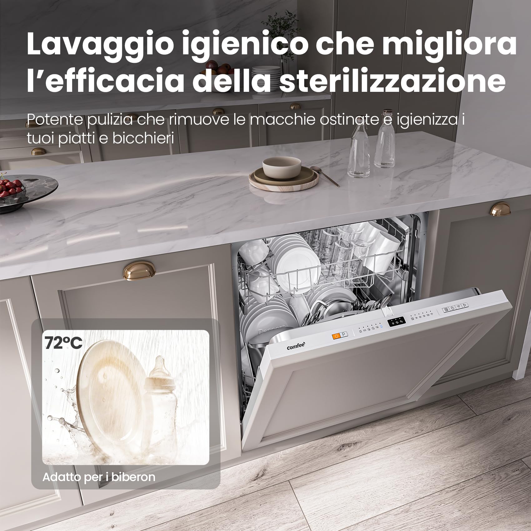 COMFEE' CDWPB1215P-W Lavastoviglie da Incasso con 12 coperti, 8 Programmi, di avviamento ritardato, Funzione di Mezzo Carico, Home Connect, cloud wash, Asciugatura Extra - Inox