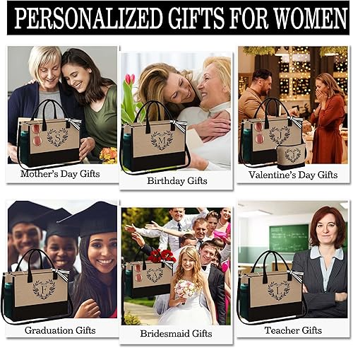 Miniatura 6 de Regalos personalizados para mujeres, bolsa de yute con inicial con bolsa de maquillaje, regalos para mujeres, mamá, novia, cumpleaños, Amarillo, 40
