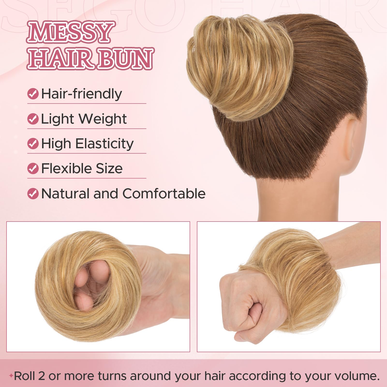 SEGOHAIR 17G Messy Bun Scrunchies Human Hair Straight Donut Hairpiece for Women Girls Dark Linen Mixed Bleach Blonde Hair Bun Maker Elastic Real Remy Donuts Updo Chignon - Image 3