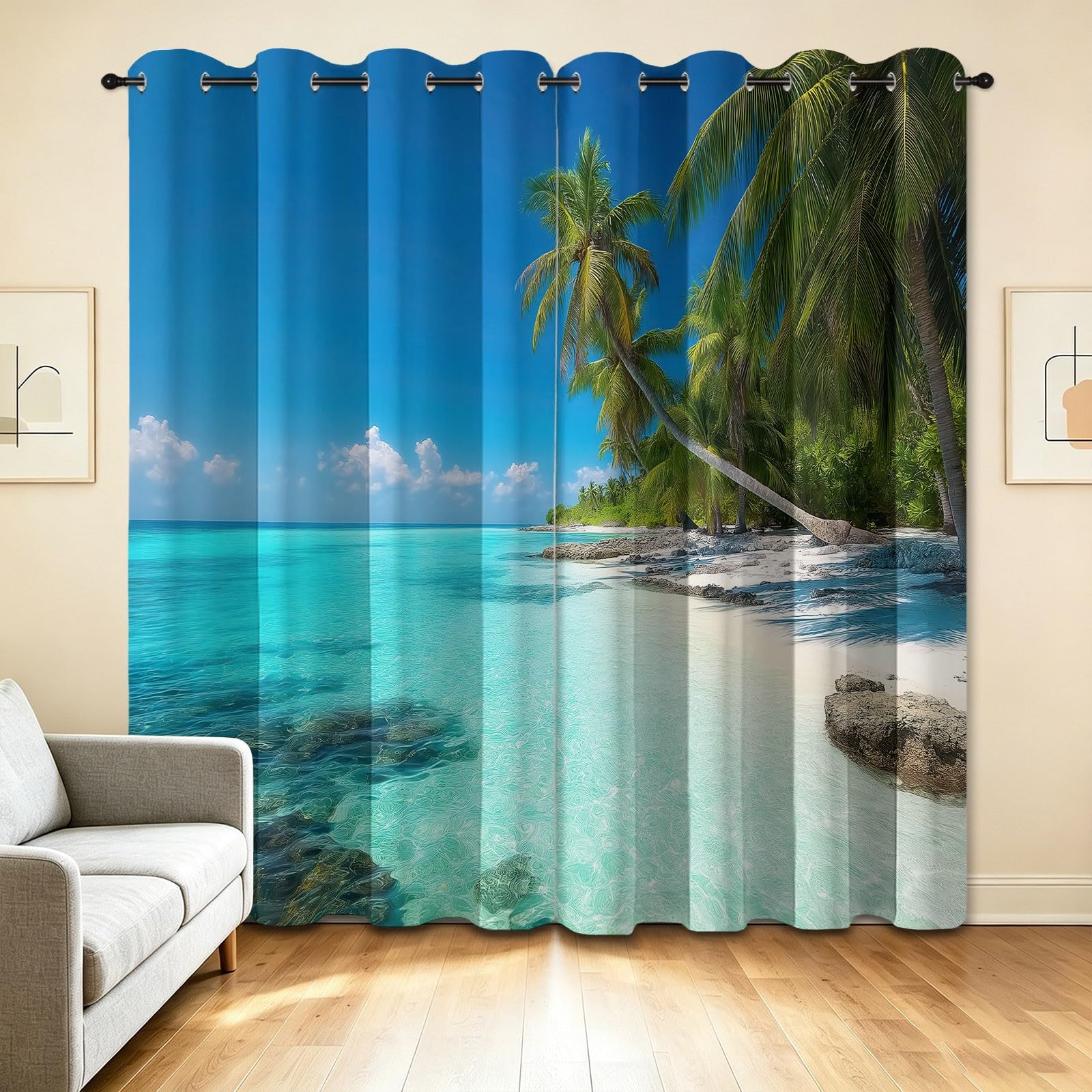 Zasłony zaciemniające na lato wyspa fotografia, 140 l x 200 cm, plaża palmowa Skyline, dekoracja okienna do salonu i sypialni, izolacja termiczna, 2 panele