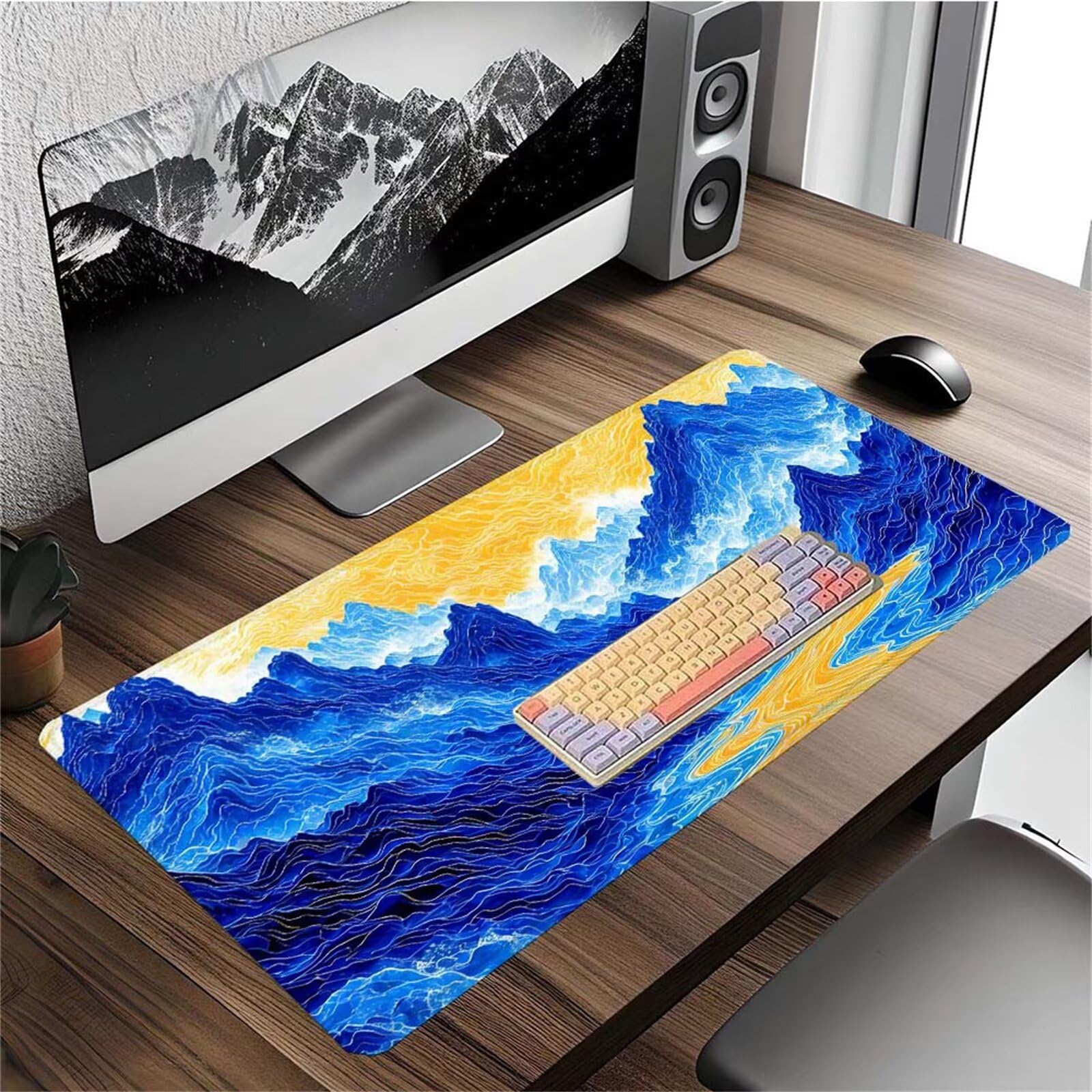 Alfombrilla Ratón Azul Montaña Alfombrilla Ratón XXL 1400x600x3mm Mouse Pad Resiste Salpicaduras, Extendida de Gran Tamaño con Bordes Cosidos, Mejora la Precisión y la Velocidad, Antideslizante y-291