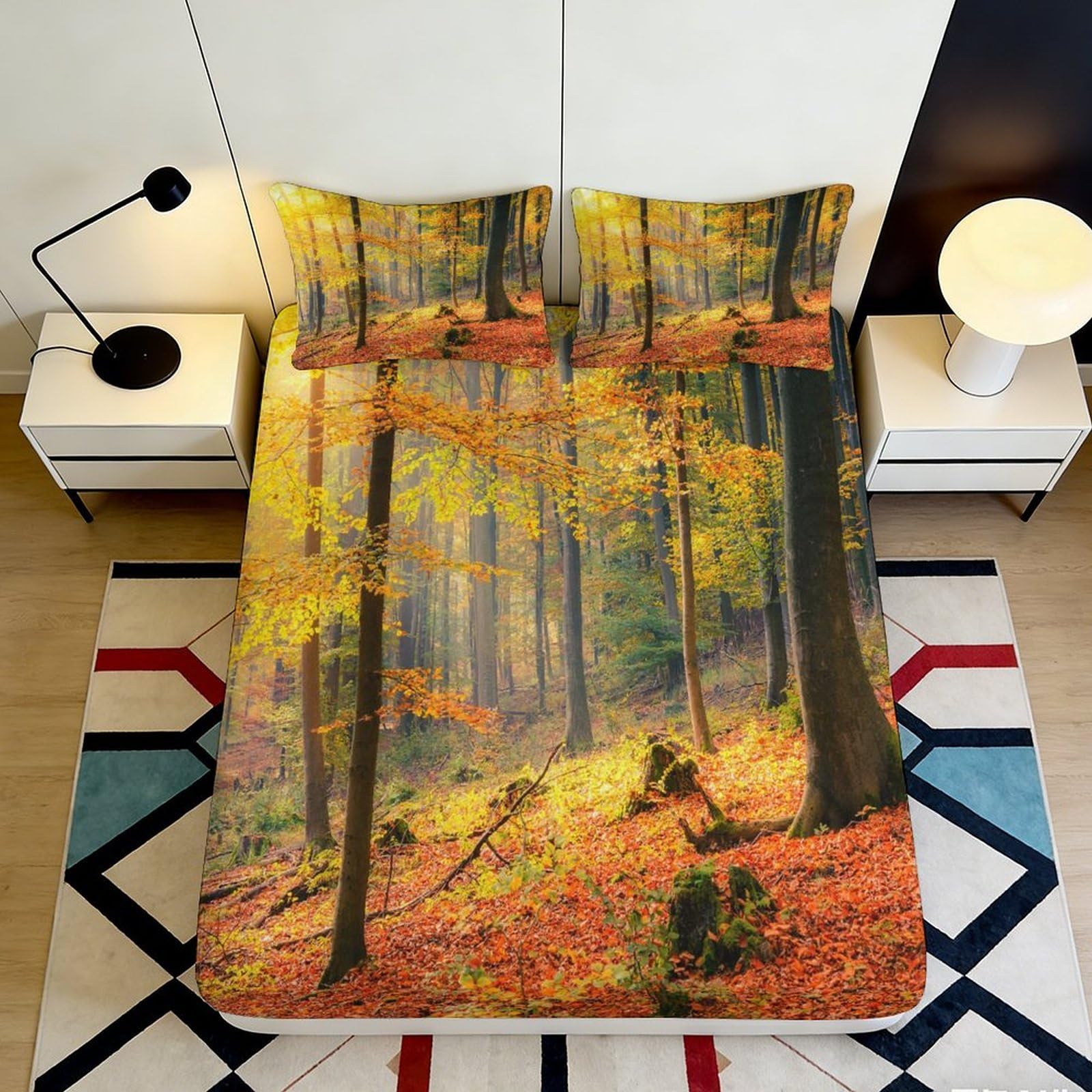Dhbaneiok Style-2 3D Printed Autumn Forest Fitted Sheet Microfiber Soft Breathable Woodland Bed Sheet For Bedroom Guest Room Decor 90X200x25cm