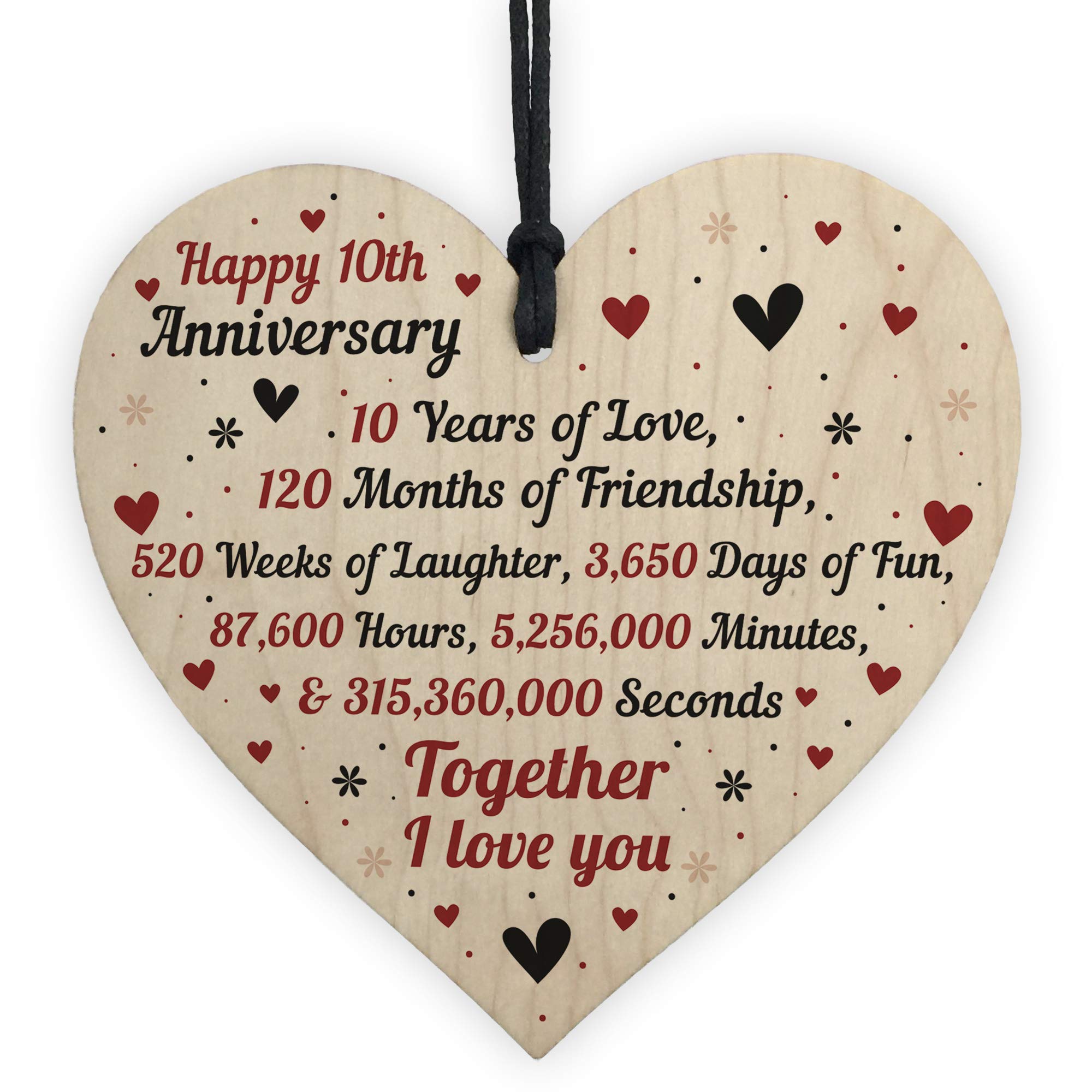 Red Ocean 10th Wedding Anniversary For Him Her Wood Heart Keepsake Husband Wife Boyfriend Girlfriend