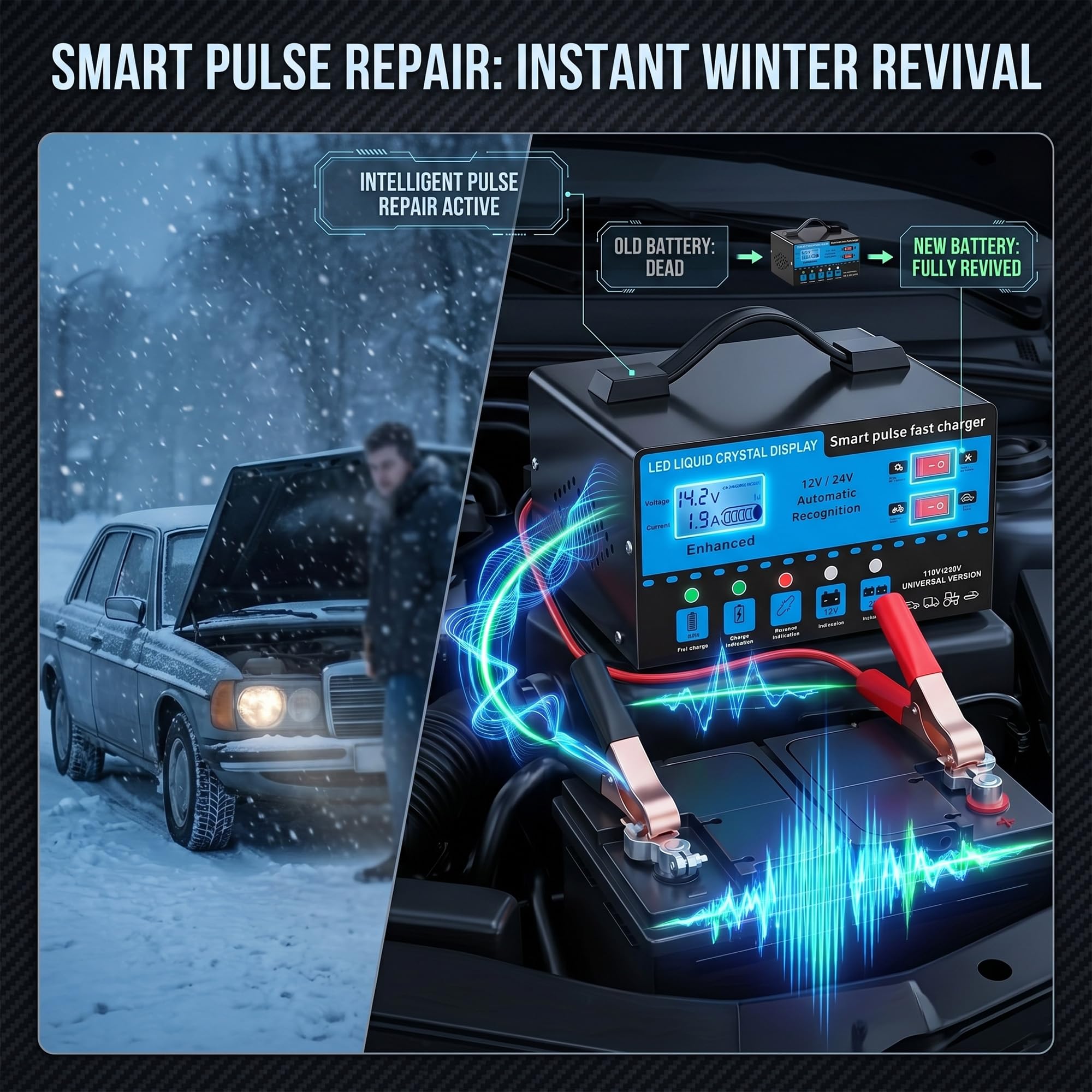 Caricabatteria da auto intelligente da 12 V/24 V con display LCD, mantenimento automatico della batteria e caricabatterie per trickle, compensazione della temperatura, protezione da sovraccarico per