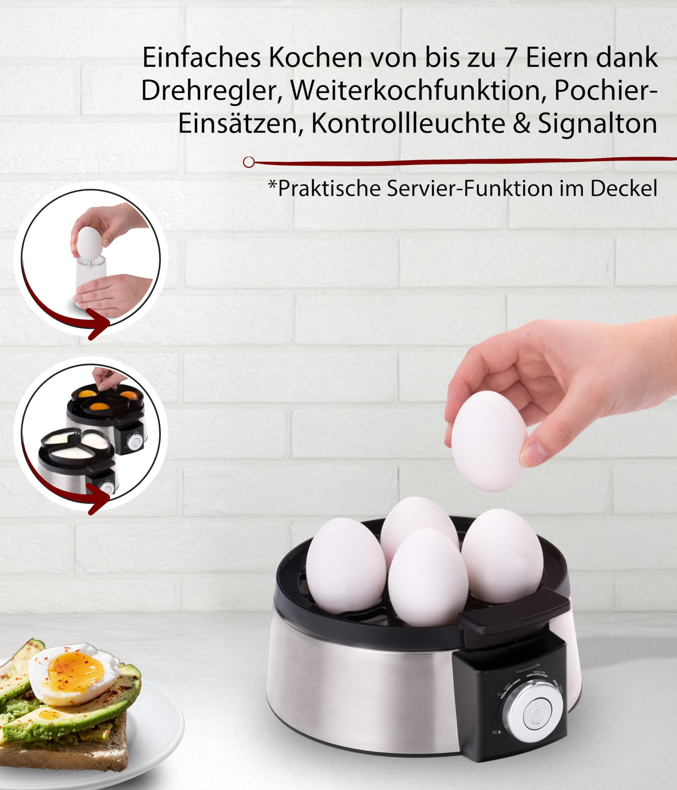 Cloer 6070 Elektronischer Eierkocher für bis zu 7 Eier, Weiterkochfunktion, akustische Fertigmeldung, 3 Pochierschalen, 435 W, Edelstahl