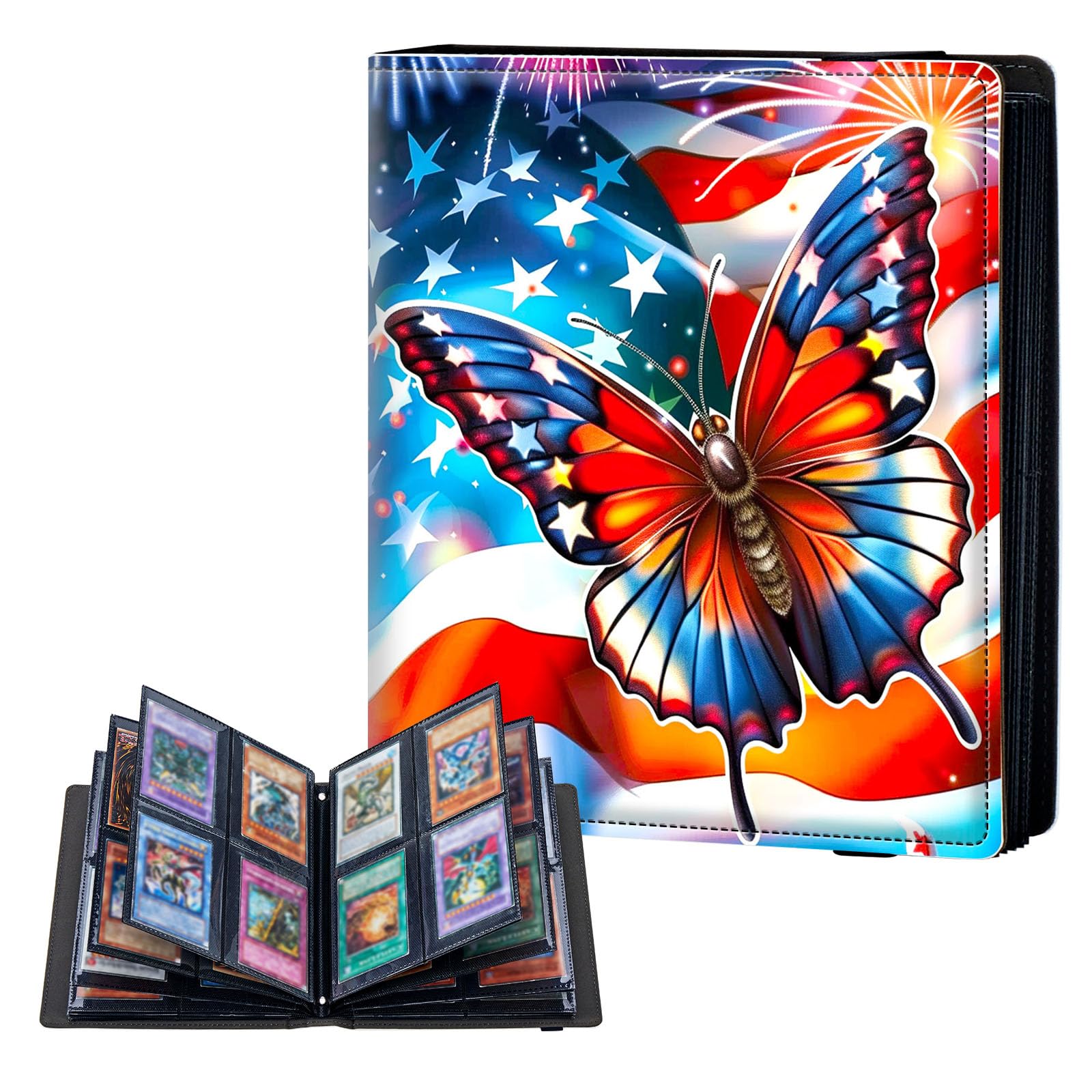 ETLKJVBL 4 Pocket Trading Card Binder, Card Collection Binder for TCG, MTG, Sports Cards, Baseball, American Flag Butterfly Trading Card Book Holder for Collectors, Top Loader Binder