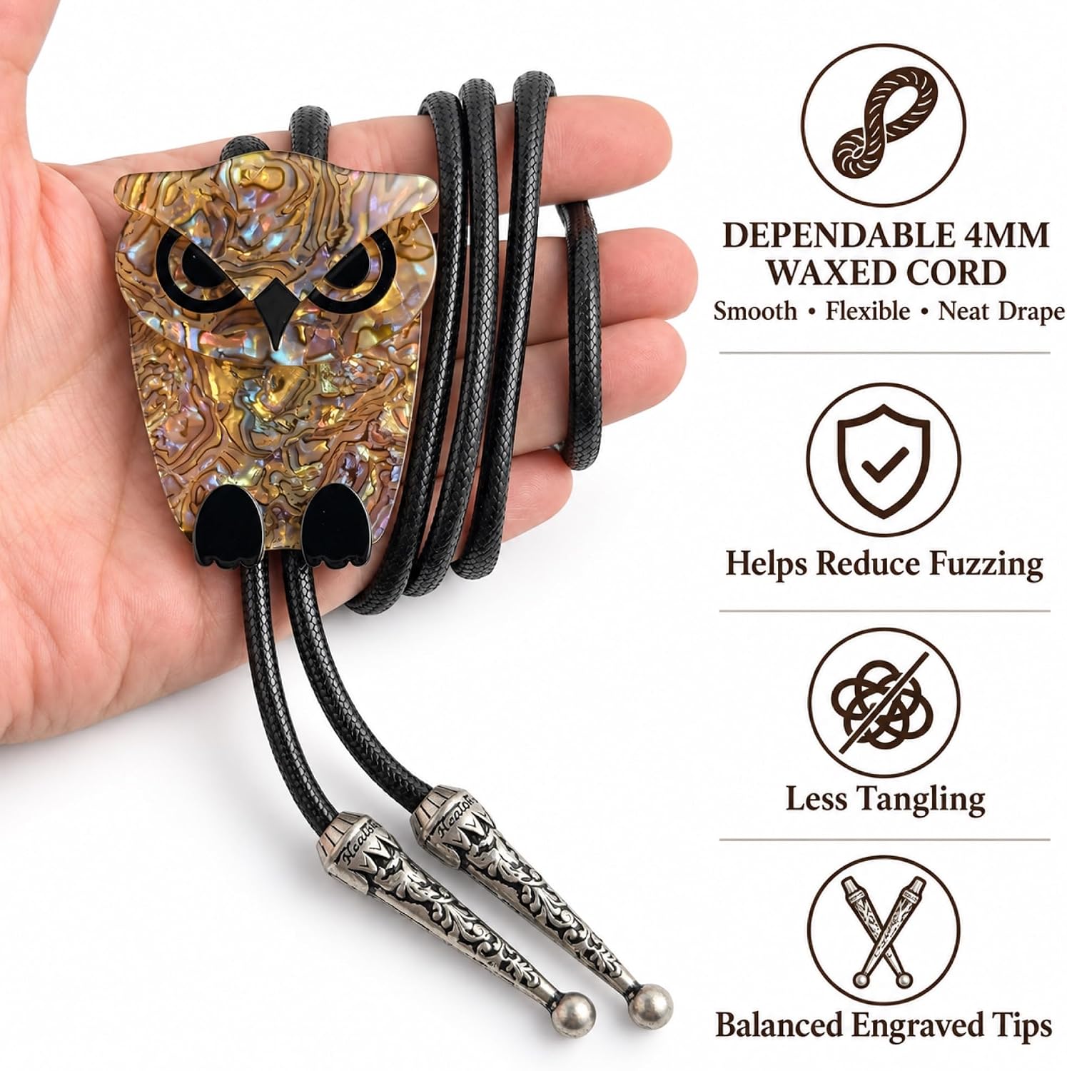 Western Bolo Tie for Men Women - Handmade Acrylic Animal Longhorn Bull Steer Skull Owl Leopard