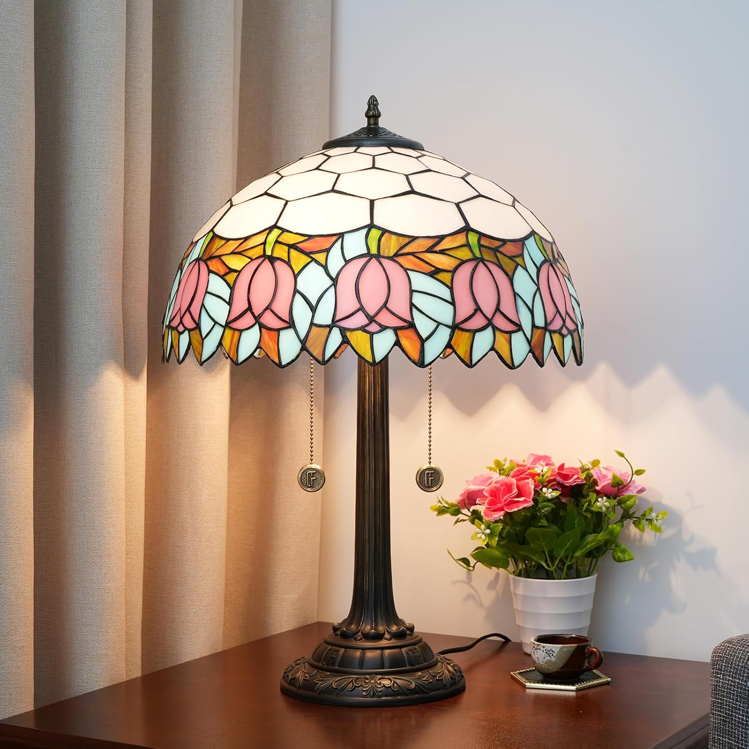 Tiffany Table Lamp 16 inch Pink Tulip Tiffany Style Stained Glass Lamp for Living Room Dining Room Antique Bedside Light Decor for Home Office