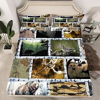 Hunting Deer FittedÂ Sheet Full Western Decor,Reindeer Duck Bear Wildlife Animals Bedding Set for Boys Girls Men,Rustic Farmhouse Style Jungle Pine Tree BedÂ Sheets,Wood Cabin Barn Door Camo BedÂ Set