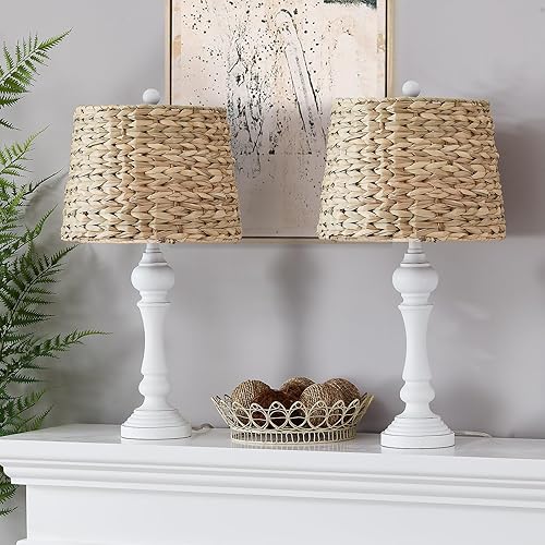 Miniatura 9 de Maxax Juego de 2 lámparas de mesa estilo casa de campo, candelabros blancos, diseño de luz de ratán tropical, pantalla cónica de tambor cónico,