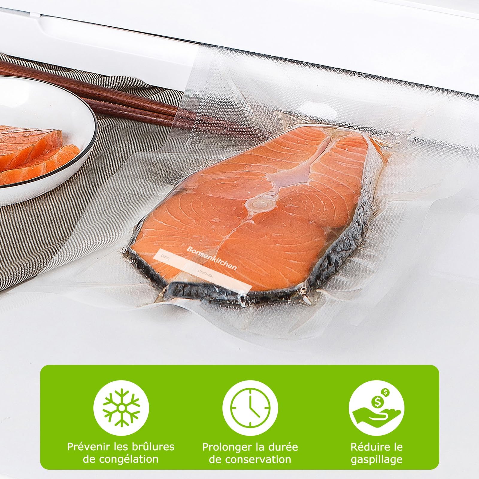 Bonsenkitchen Sacs Sous Vide Alimentaire 100 Sachets 20 x 30 cm pour Machine Sous Vide - Sacs à Faire le Vide d'air Gaufrés pour la Conservation des Aliments et la Cuisson, VB3205