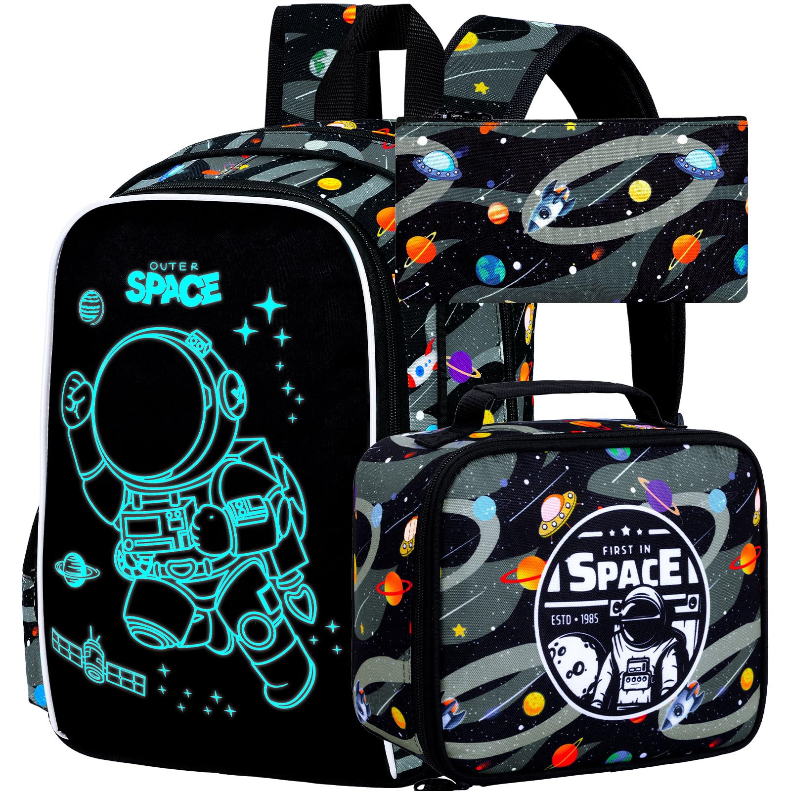 FTJCF 3Pcs Glow in The Dark Space Backpack for Boys, 17 Inches Astronaut School Bookbag Set for Teens, Laptop Backpacks with Lunch Bag(Black)
