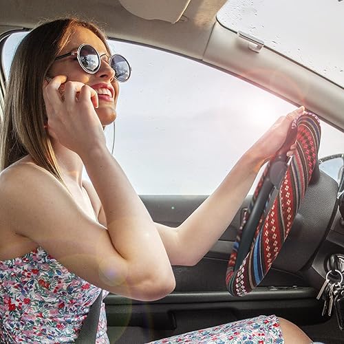 Miniatura 9 de SEG Direct Funda bohemia para volante con tela de manta baja, estilo étnico, hecha de lino grueso, se adapta a ruedas de automóvil de 14 12-15 14