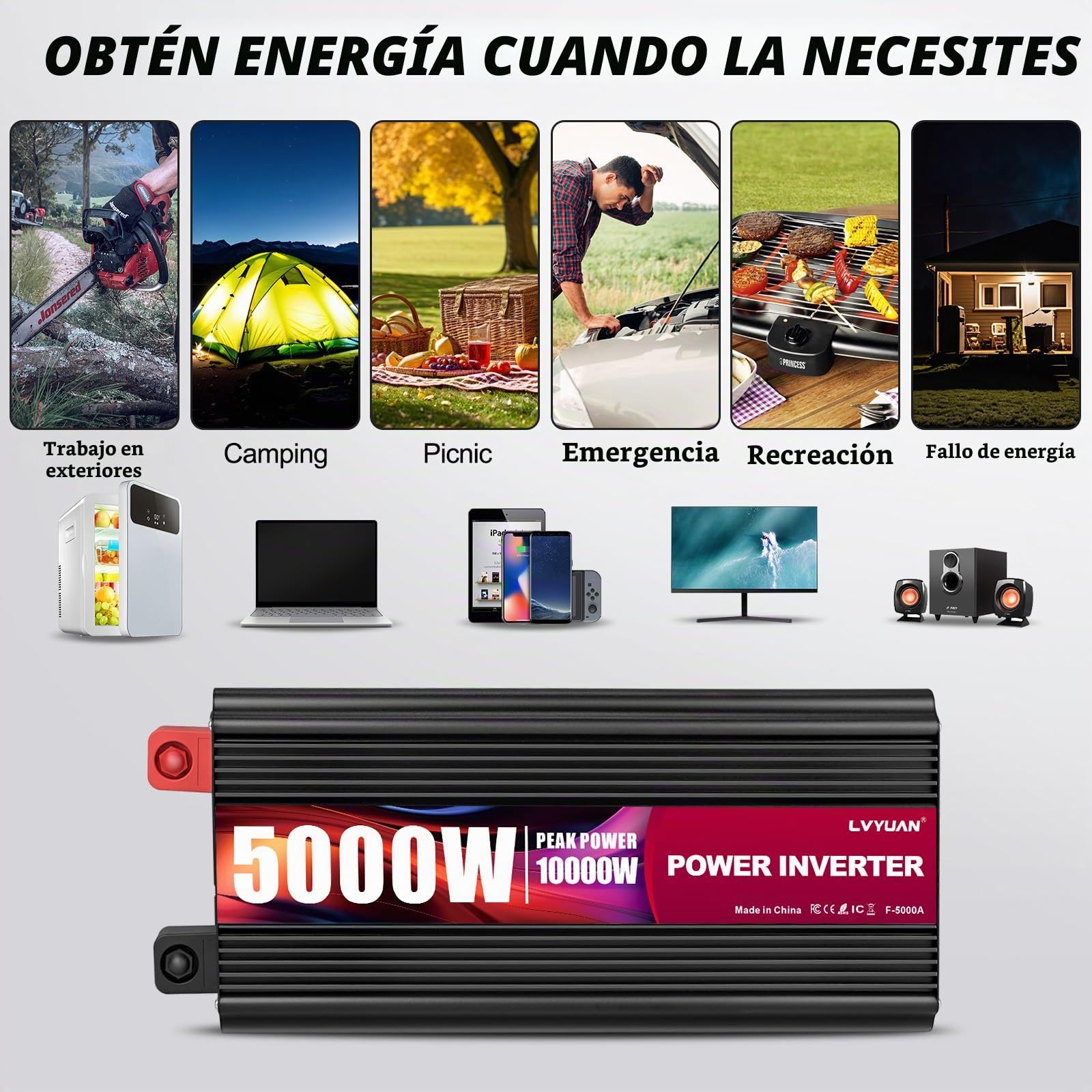 Yinleader Inversor 5000W/10000W Onda Senoidal Modificada DC 12V a 220V AC Convertidor con 2 Tomas AC, Mando a Distancia, Pantalla LCD y Puerto USB para Auto, Coche y Camper