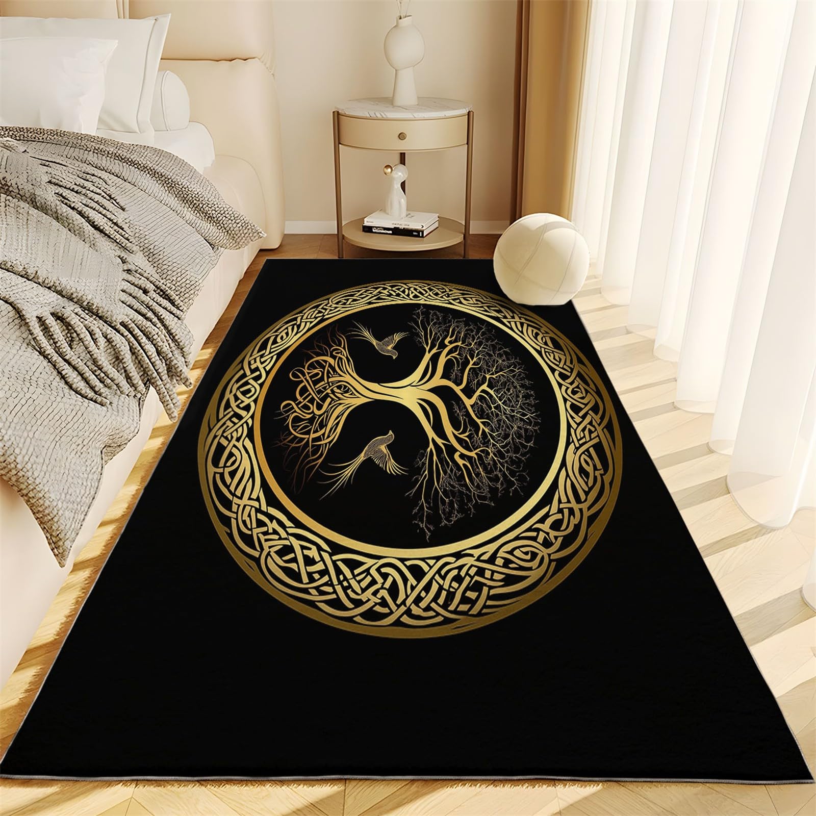 Tapis Antidérapant 140 x 200 cm Runner à Poils Courts Arbre de Vie Runes Abstrait Oiseaux pour Salon, Or Noir Tapis Rectangulaire Doux pour Chambre, Décoration Maison, Runner Lavable, Couloir