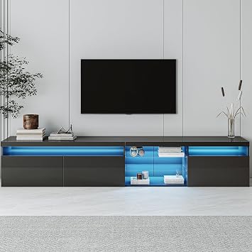 Virubi Unique Design TV Stand with 2 Tempered Glass Shelves & LED Lights, Ample Storage Media Console for TVs Up to 105", Sturdy TV Cabinet for Living Room, Bedroom APP-Controlled RGB Lighting