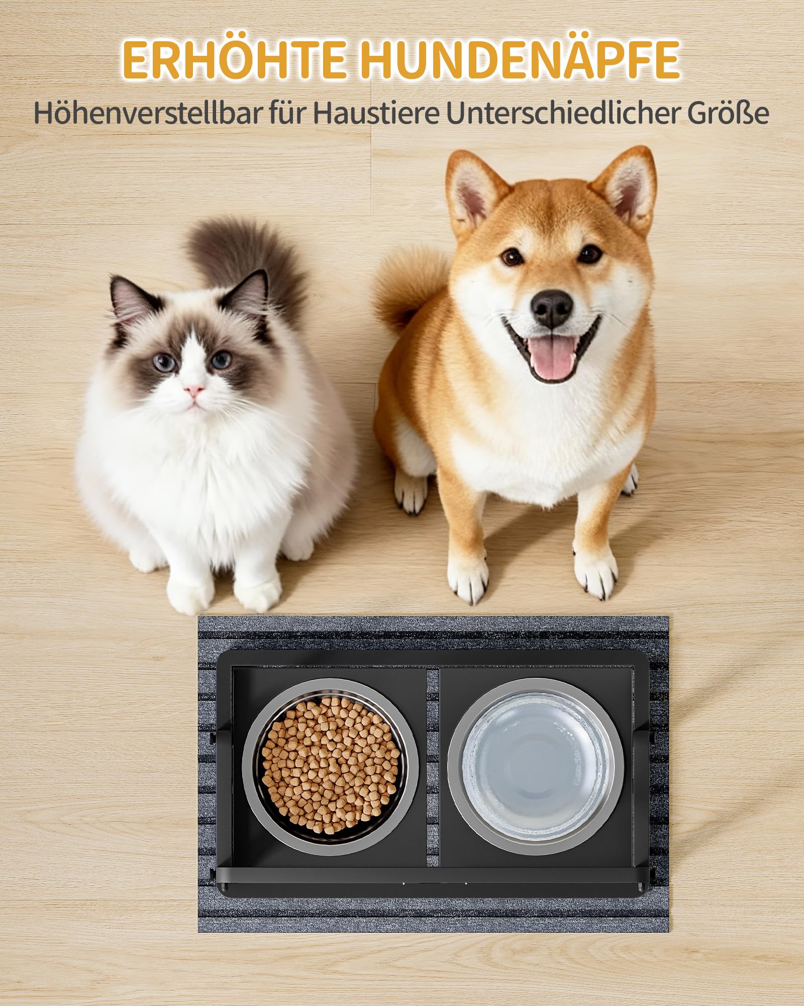 Hzuaneri Erhöhter Hundenapf, 6-Fach Höhenverstellbar, 2 x 2 L Edelstahlnäpfe (Winkel Separat Verstellbar), Geeignet für Kleine, Mittlere und Große Katzen und Hunde, Schwarz PB89099B