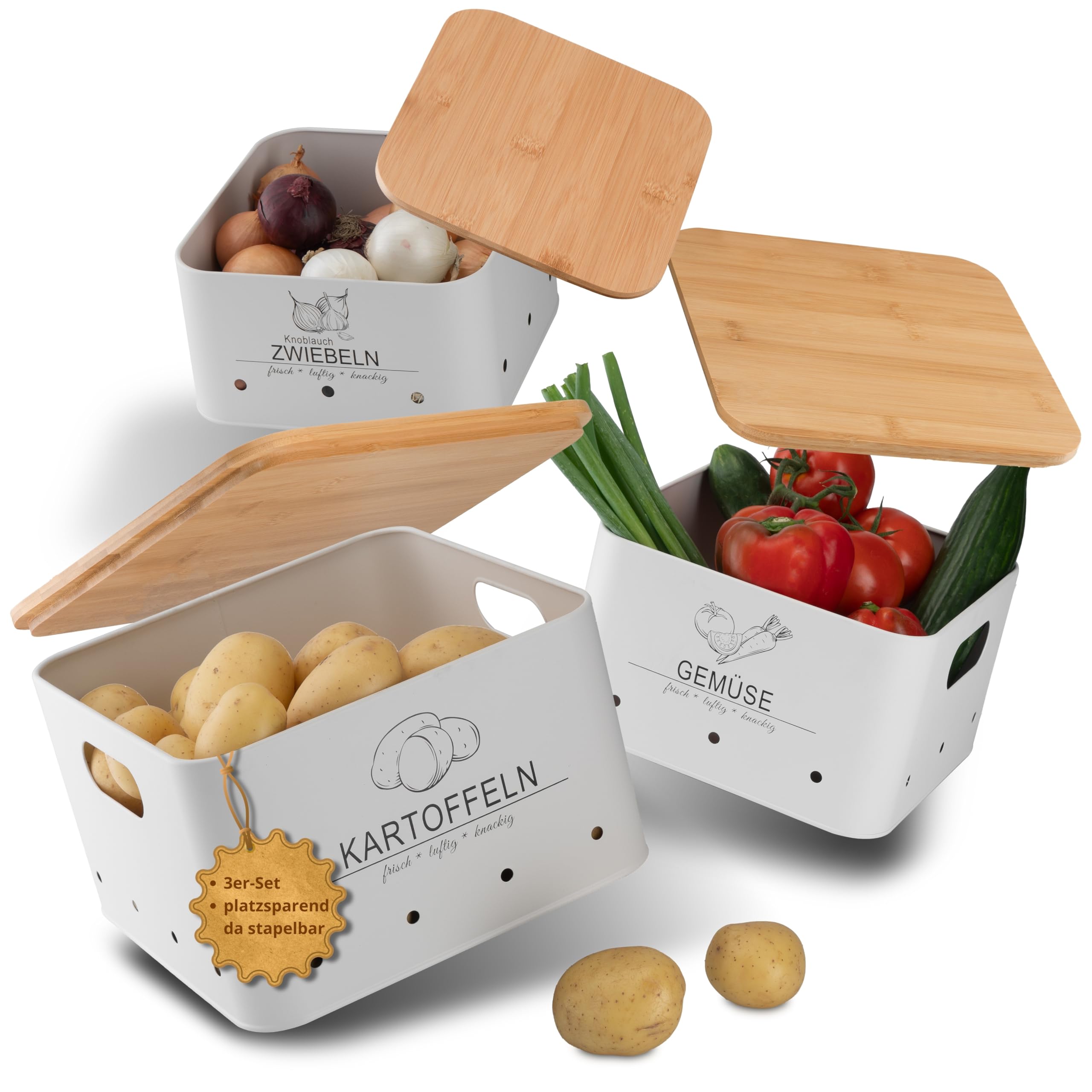 Kartoffel Aufbewahrungsbox Küche – 3er Set – Gemüse länger frisch – Vorratsbehälter für Kartoffel, Zwiebel & Gemüse – stapelbare Aufbewahrungsboxen mit Bambusdeckel – modern Weiß – MNKsolution