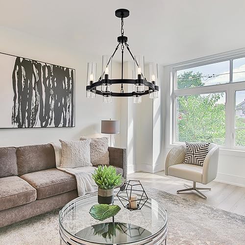 Miniatura 3 de Lámpara colgante de rueda negra de 22 pulgadas con pantalla de cristal, 6 lámparas, moderna lámpara de araña redonda de granja, adecuada para