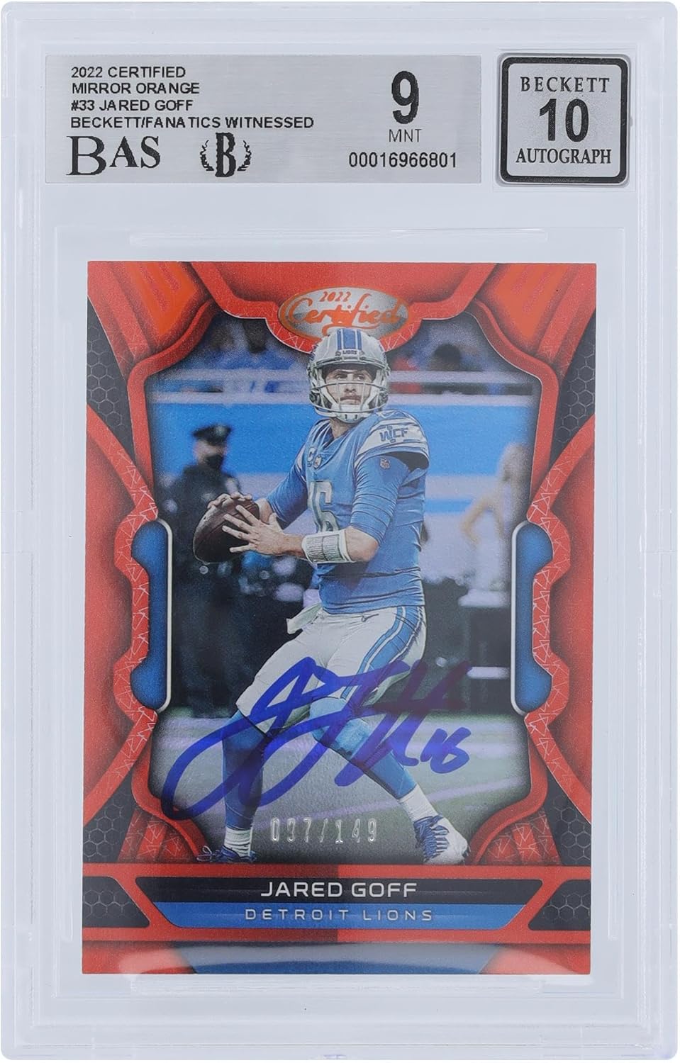Jared Goff Detroit Lions Autographed 2022 Panini Certified Mirror Orange #33#/149 Beckett Fanatics Witnessed Authenticated 9/10 Card - NFL Autographed Football Cards