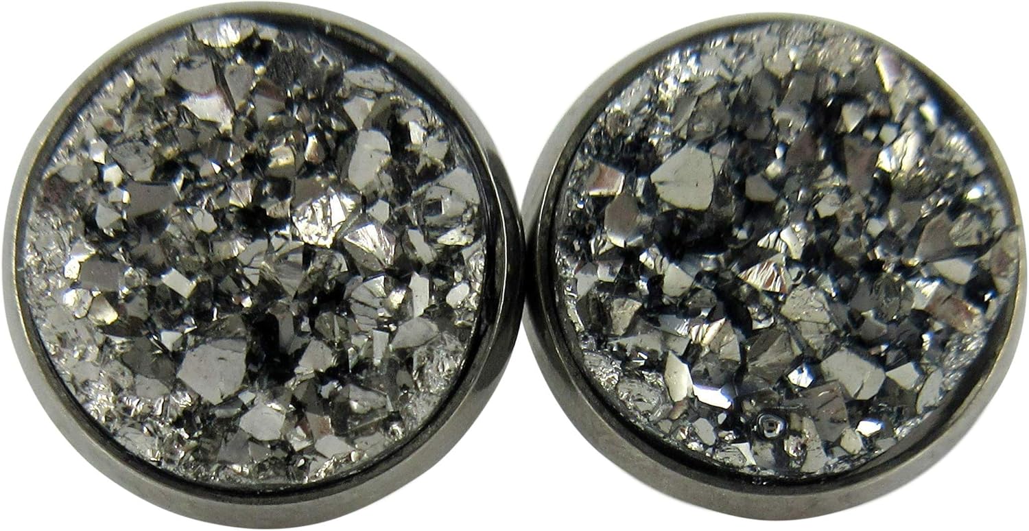 Hematite-tone Faux Druzy Stone Stud Earrings 12mm