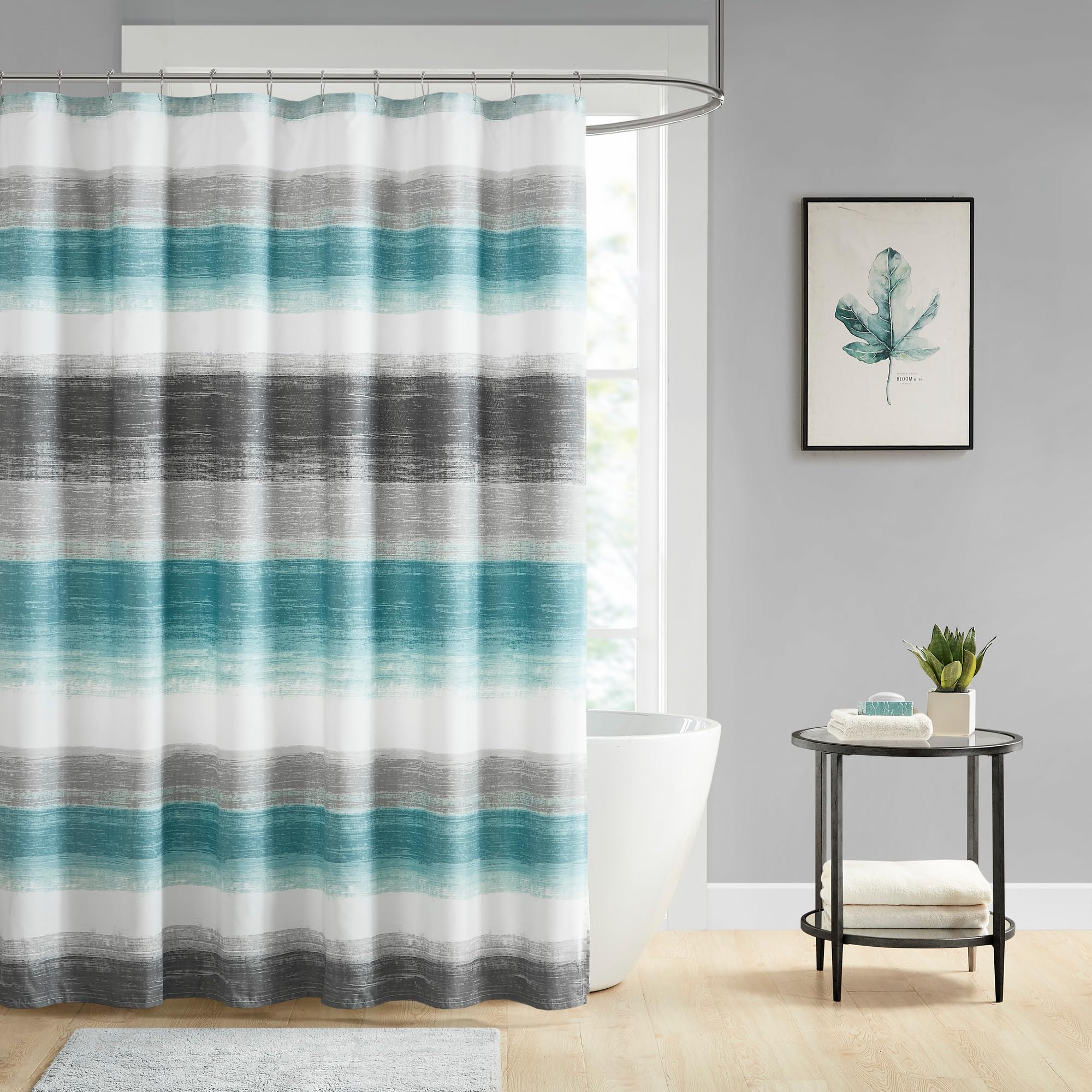 Madison Park Essentials Shower Curtain, Watercolor Print Multi Blue Shower Curtain for Bath Room, Modern Bathroom D COR, Machine Washable, Microfiber Fabric Shower Curtain, Saben, 72x72 Aqua/Grey