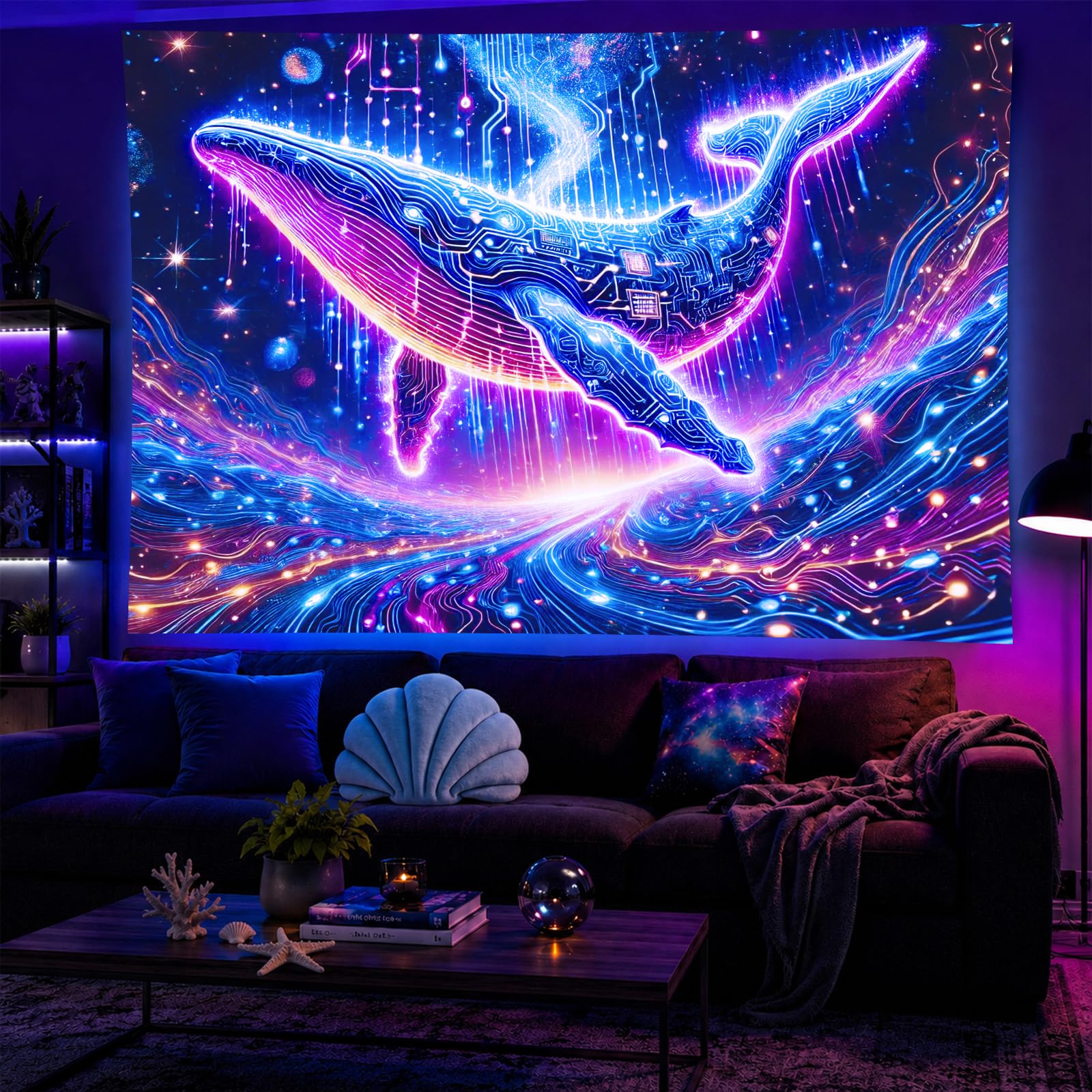 BlissYard Blacklight Tapestry Whale Circuit Glow Backdrop 78 x 59 Inch
