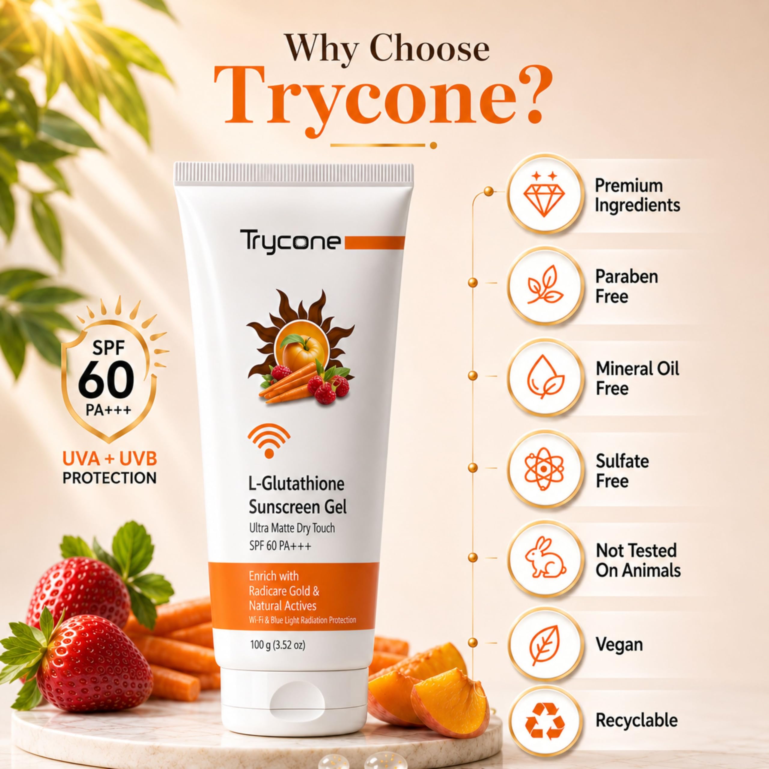 glutathione sunscreen for oily skin Trycone L-Glutathione Sunscreen Gel SPF 60 PA+++ | Vitamin C & Radicare  Gold | Ultra Matte Dry Touch | No White Cast | For Oily & Combination Skin