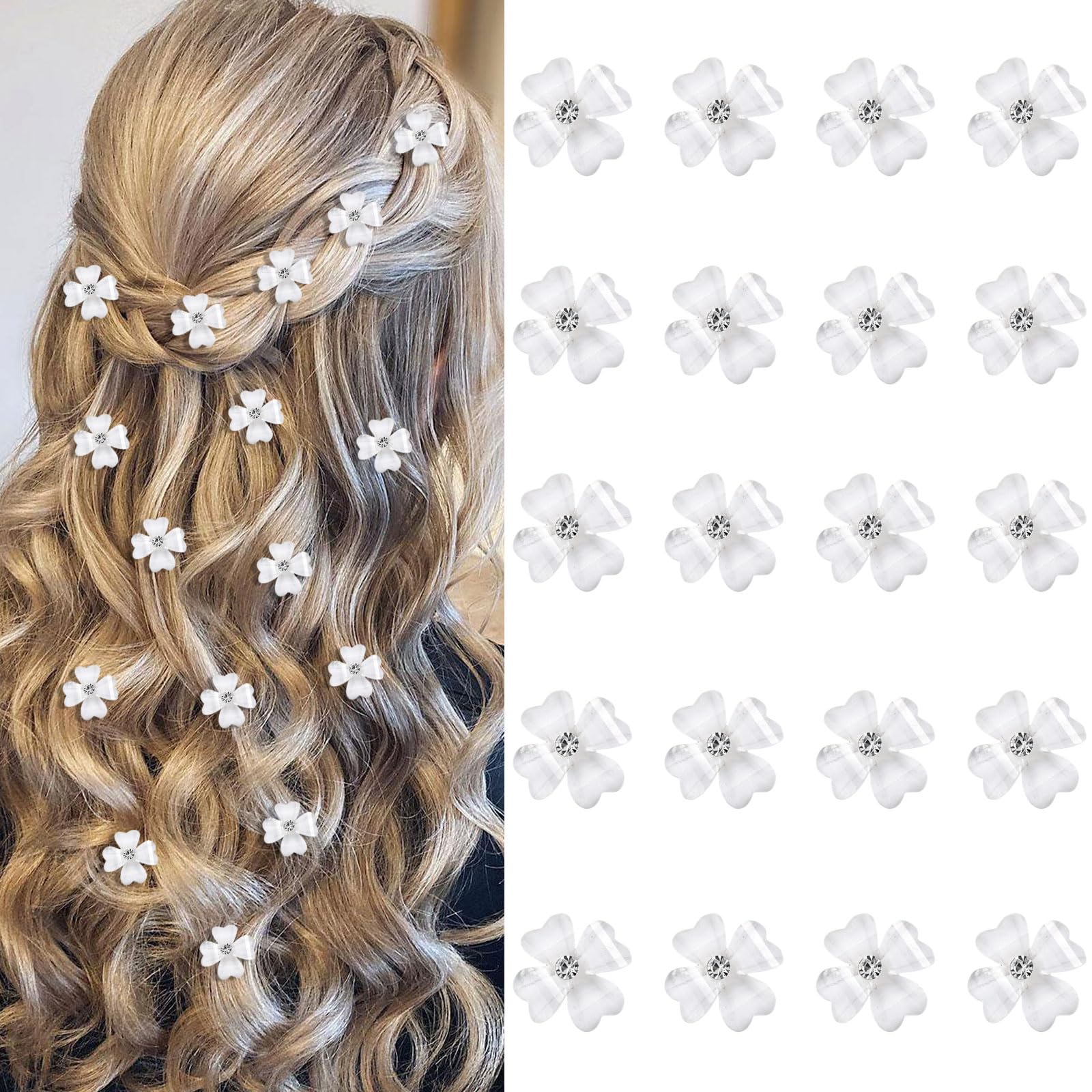 20 mini pinzas para el pelo con flores blancas con diamantes de imitación, horquillas decorativas para el cabello, pasadores de pelo de boda, accesorios para el cabello de novia para niñas y